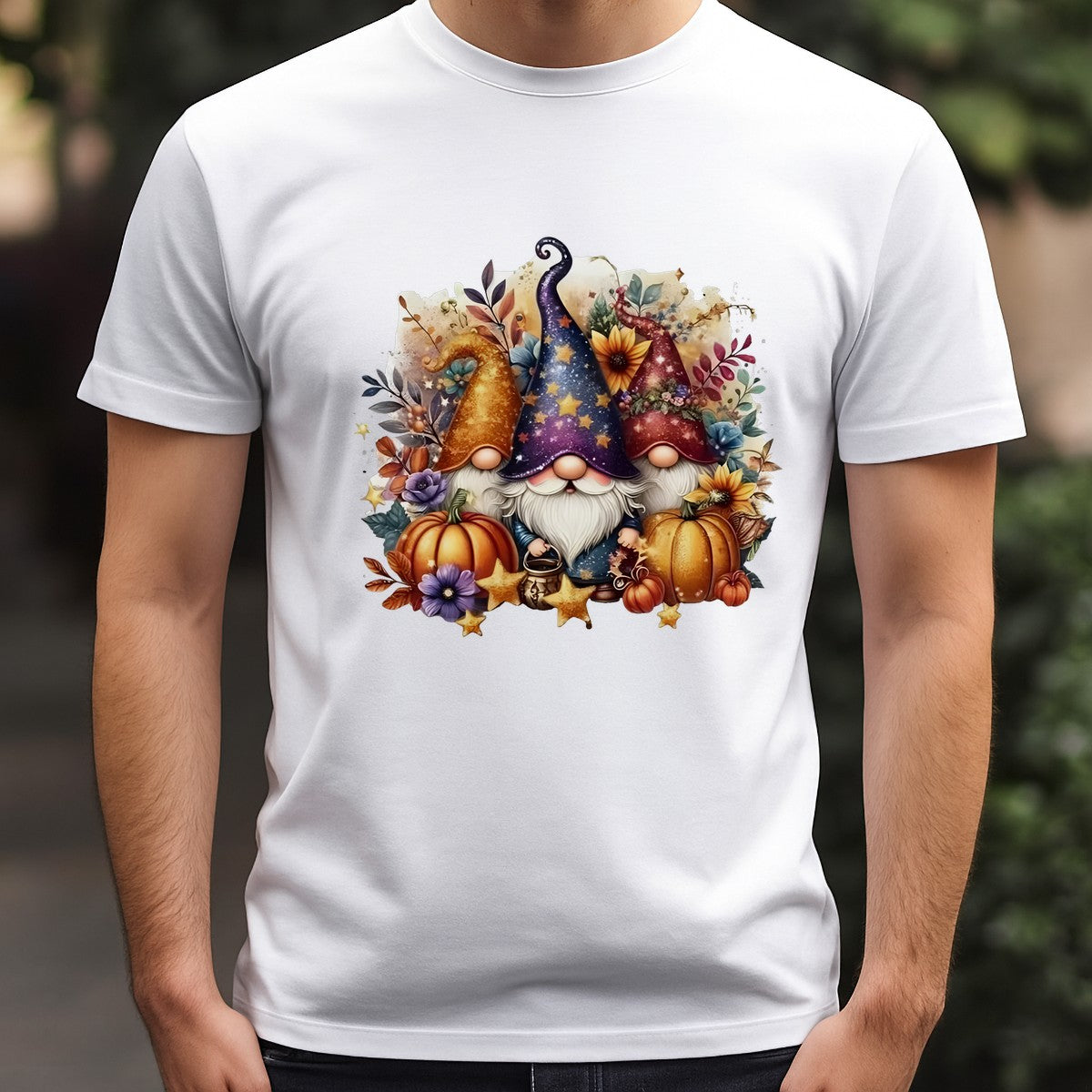 DTF Heat Transfer Iron On Sticker Gnome Trio with Pumpkins and Autumn Leaves for Halloween Decorations Fall Home Decor T Shirts and Bags - 3