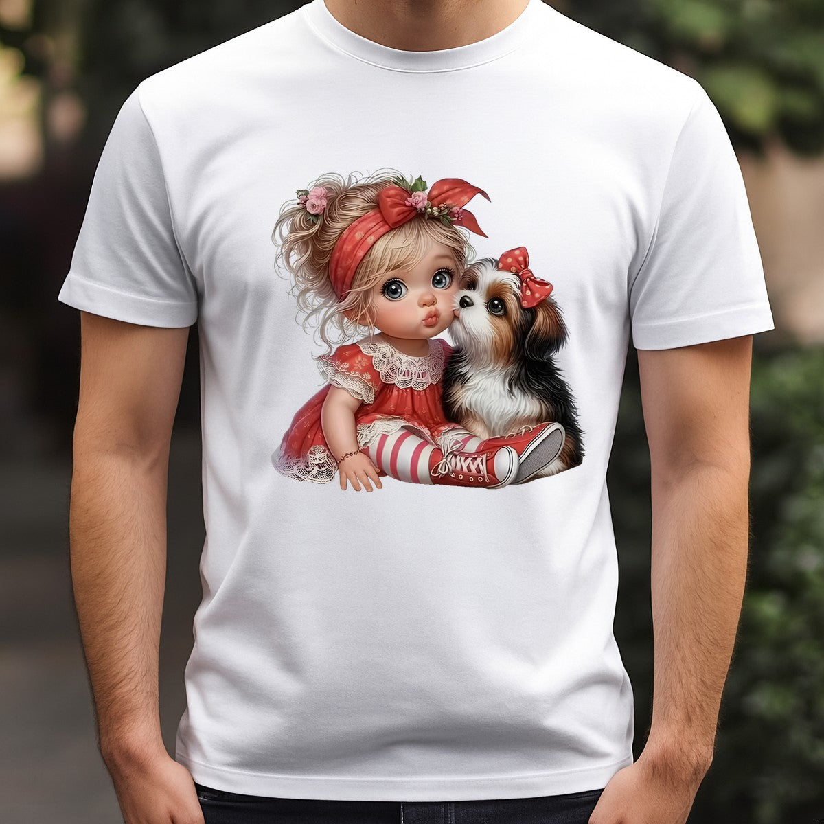 DTF Heat Transfer Iron On Sticker Cute Baby Girl with Puppy Red Dress and Headband for Apparel Bags and Nursery Decor - 3