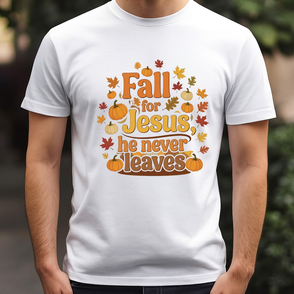 DTF Heat Transfer Iron On Sticker Fall for Jesus He Never Leaves Pumpkins Leaves Graphic for Autumn Apparel and Home Decor - 3