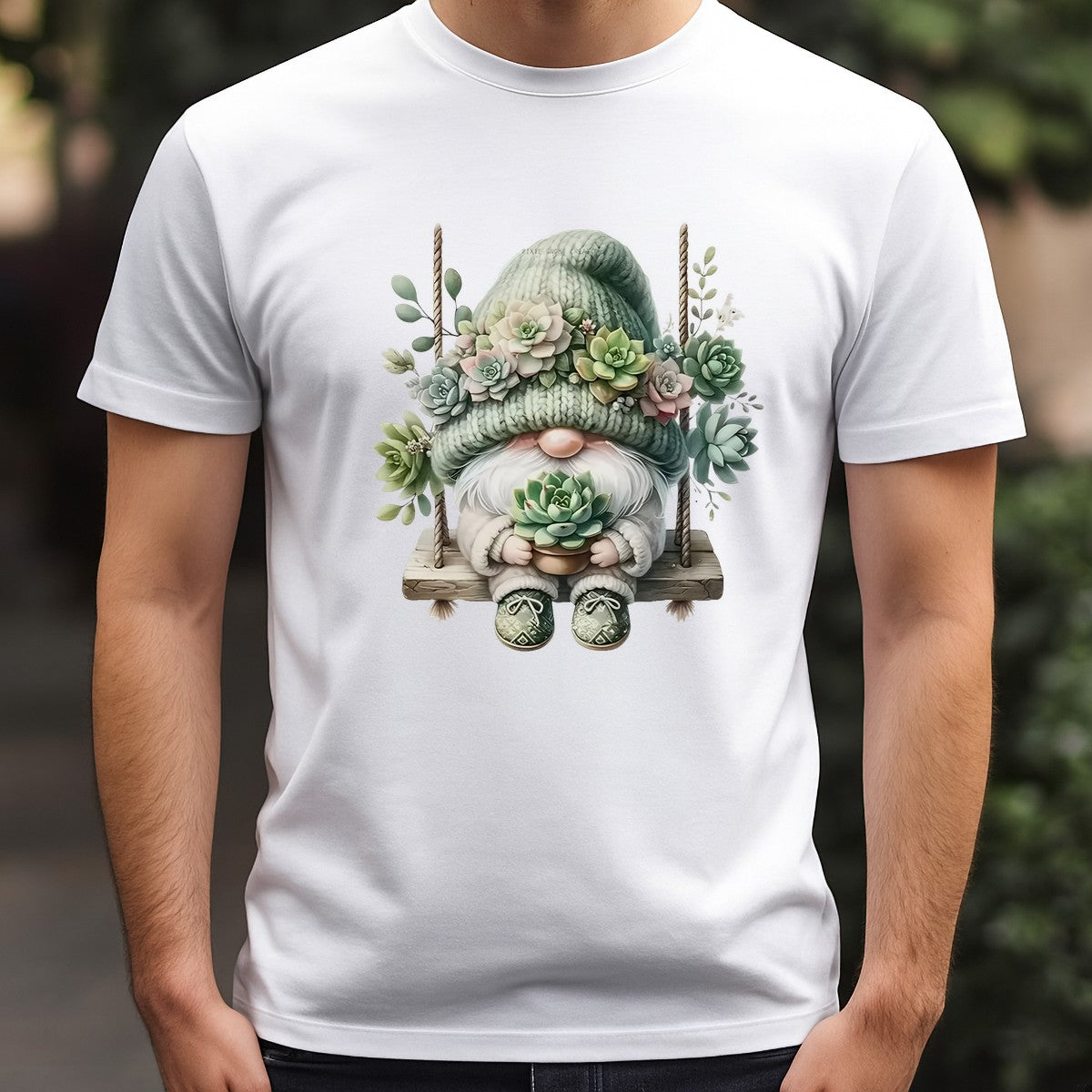 DTF Heat Transfer Iron On Sticker Gnome with Succulent Plants in Green Knit Hat for Fall Home Decor T Shirts Hoodies Bags and Seasonal Gifts - 3