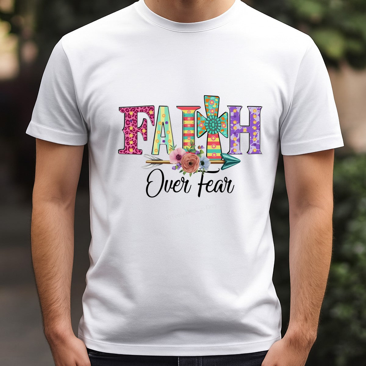 DTF Heat Transfer Iron On Sticker DTF Transfers Ready to Press Faith Over Fear Colorful Pattern with Floral Arrow for Inspirational Apparel Gifts Clearance - 3