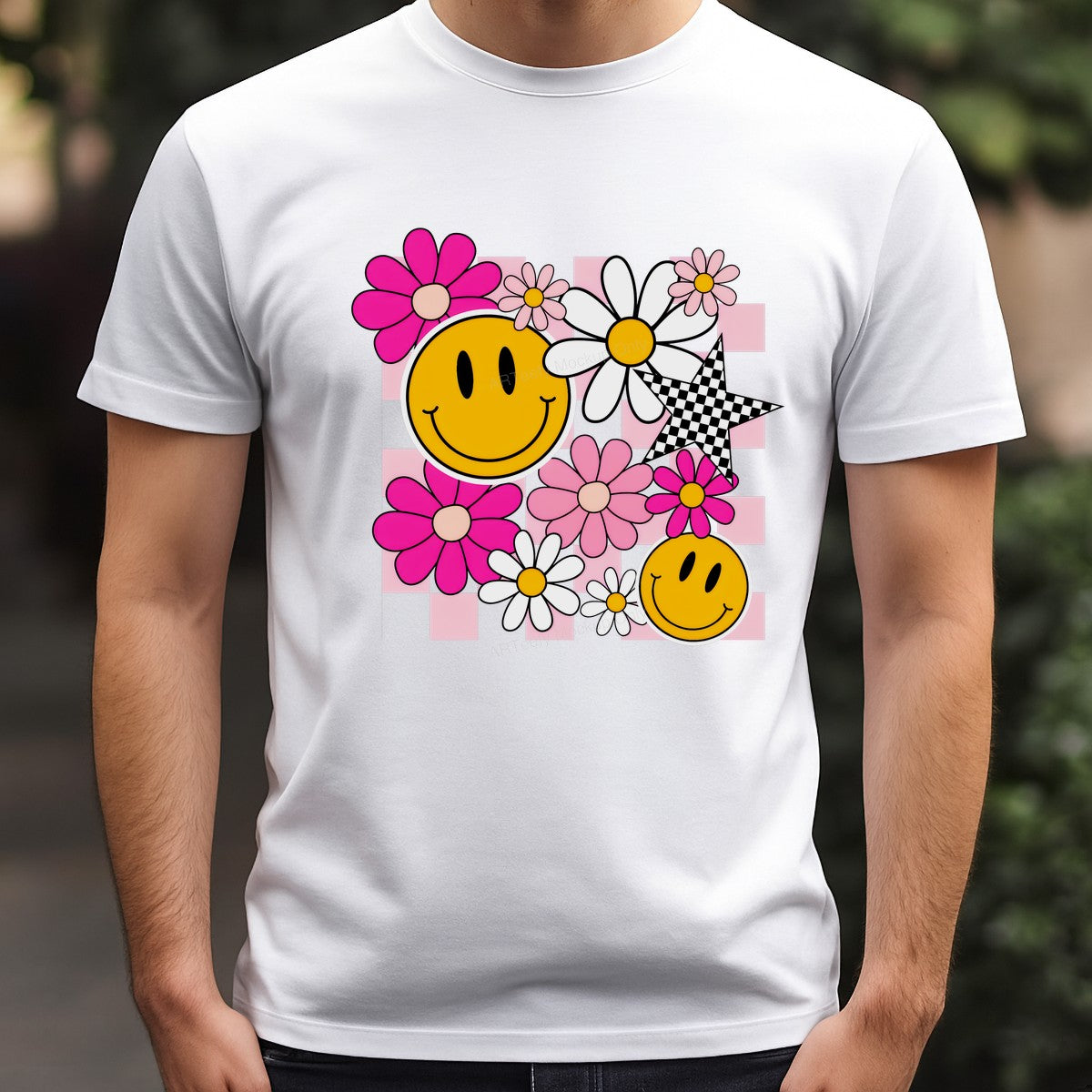 DTF Heat Transfer Iron On Sticker DTF Transfers Ready to Press Smiley Face with Checkered Star and Pink Flowers for T Shirts Hoodies Local Warehouse - 3