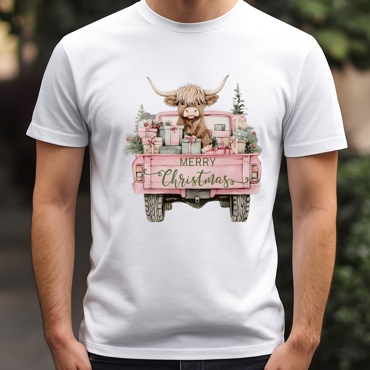 DTF Heat Transfer Iron On Sticker Heat Transfer Designs Ready to Press Christmas Highland Cow with Presents in Pink Truck for Holiday Apparel Local Warehouse - 3