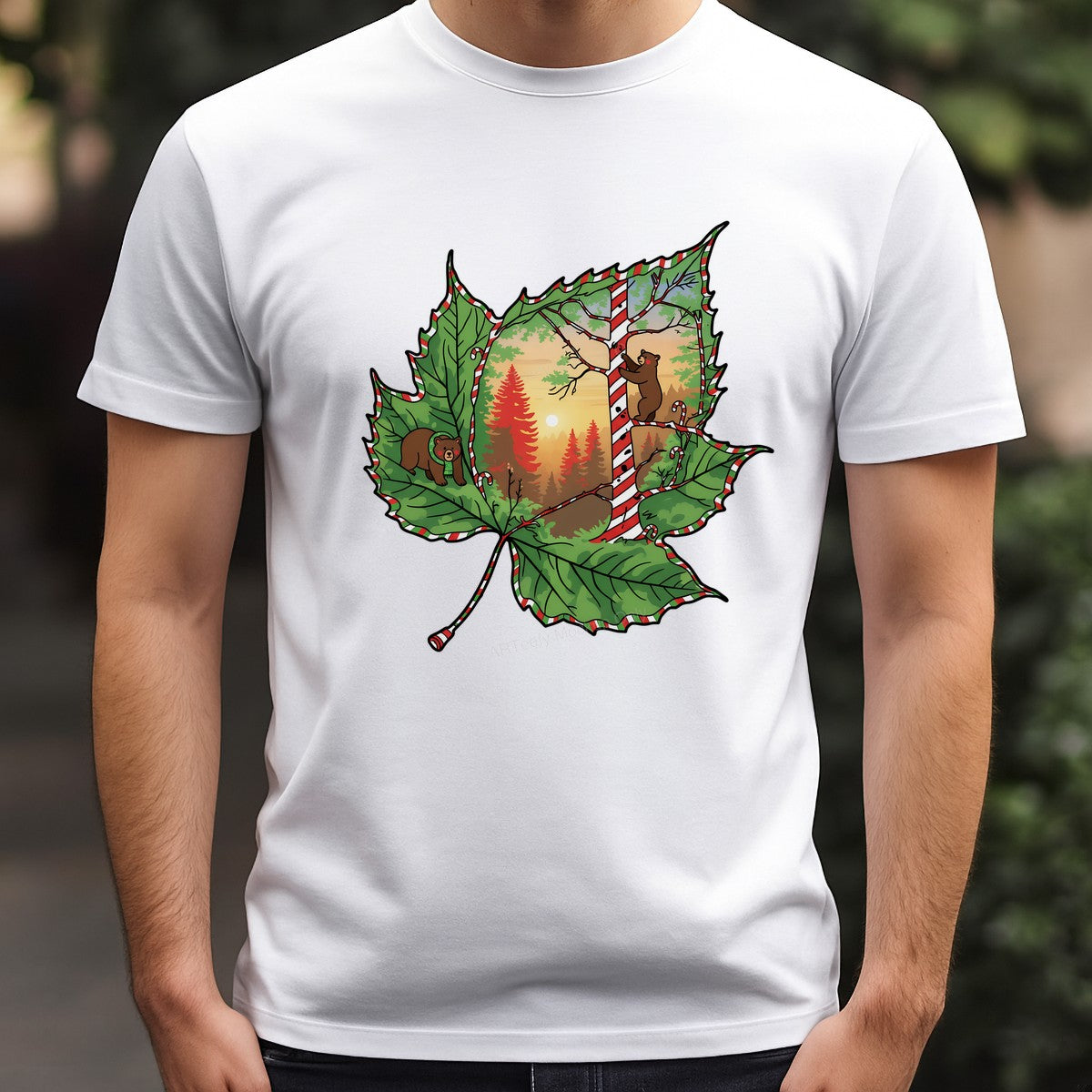 DTF Heat Transfer Iron On Sticker Heat Transfer Designs Ready to Press Festive Forest Bears on Candy Cane Striped Leaves for Christmas Apparel Decor Local Warehouse - 3