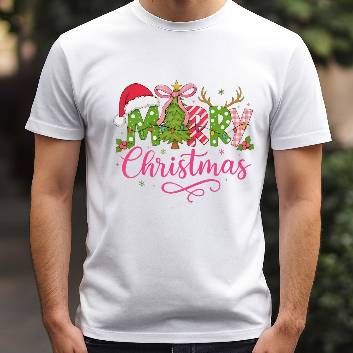 DTF Heat Transfer Iron On Sticker Iron On Heat Transfers Merry Christmas Design Colorful Lettering with Santa Hat Tree Lights for Holiday T Shirts Local Warehouse - 3