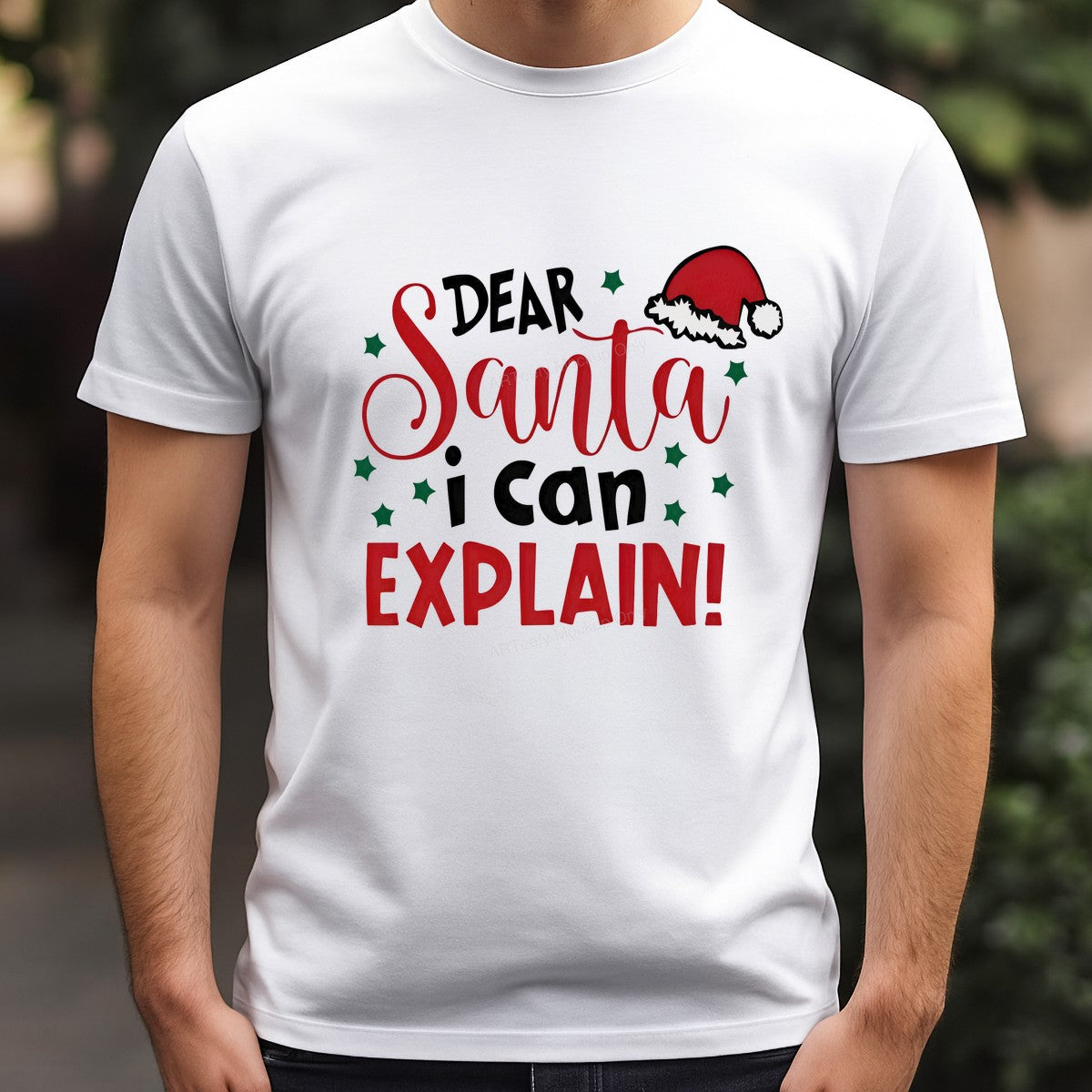 DTF Heat Transfer Dear Santa I Can Explain Quote with Santa Hat Graphic for Holiday Shirts and Christmas Apparel - 3