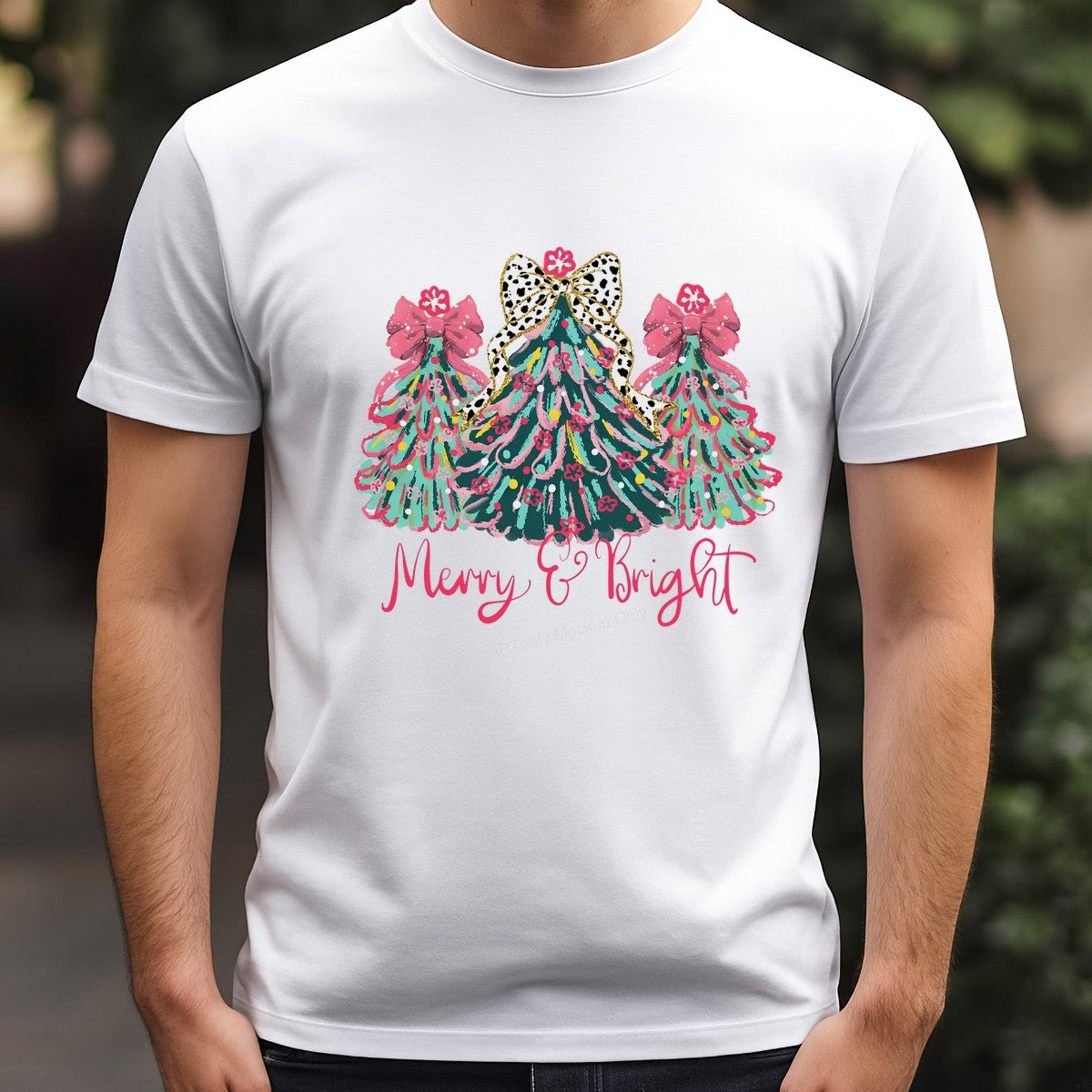 DTF Heat Transfer Iron On Sticker Iron On Transfers for T Shirts Merry Bright Christmas Tree Design with Pink Bows for Holiday Apparel Gifts Local Warehouse - 3