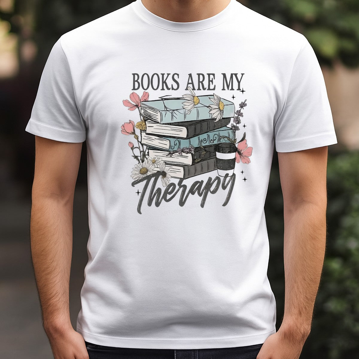 Iron On Transfer Books Are My Therapy Floral Stack Design for T Shirts and Tote Bags - 3