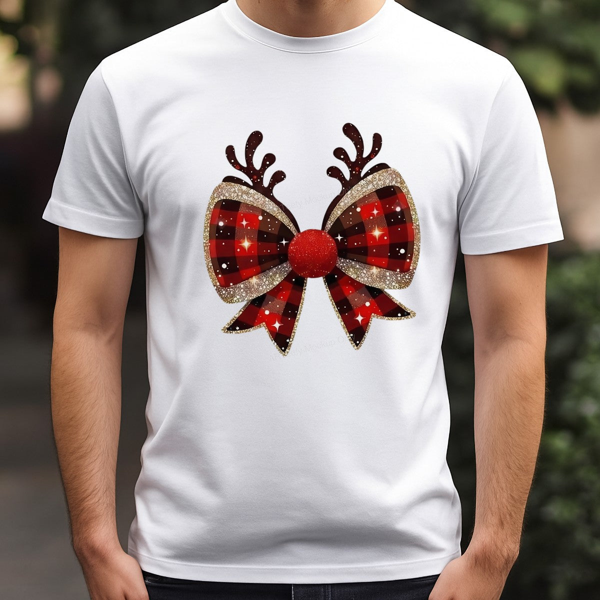 Iron On Transfer Buffalo Plaid Reindeer Bow Design for Holiday Apparel and Gifts - 3