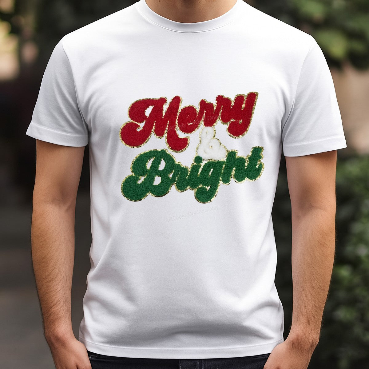 Iron On Transfer Merry & Bright Holiday Chenille Patch for T Shirts and Tote Bags - 3