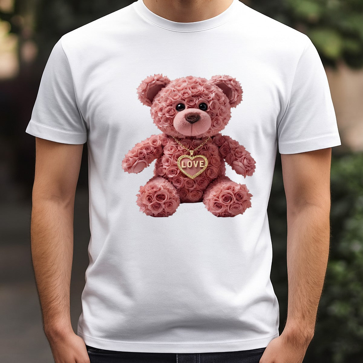 DTF Transfer Rose Teddy Bear with Gold Love Heart Necklace Graphic for Valentine Shirts and Romantic Gifts - 3