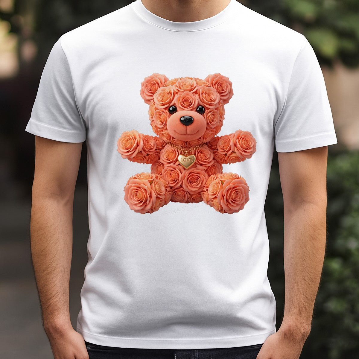 DTF Transfer Rose Teddy Bear with Love Heart Necklace Romantic Graphic for Valentine Shirts and Gifts - 3
