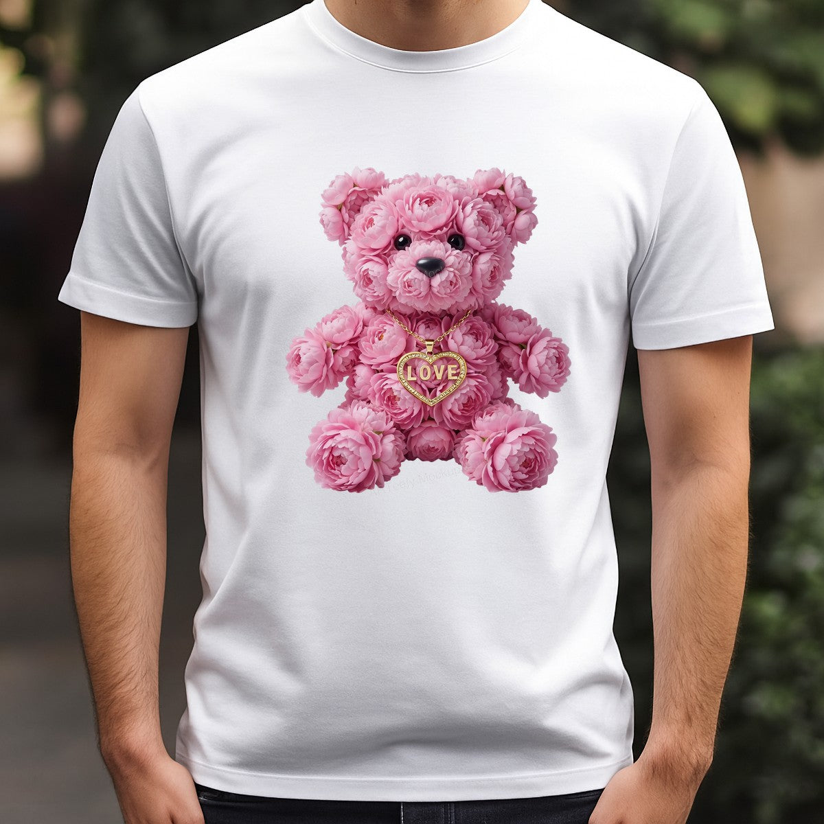 DTF Transfer Pink Flower Teddy Bear with Gold LOVE Heart Necklace Graphic for T Shirts Hoodies and Valentine Gifts - 3