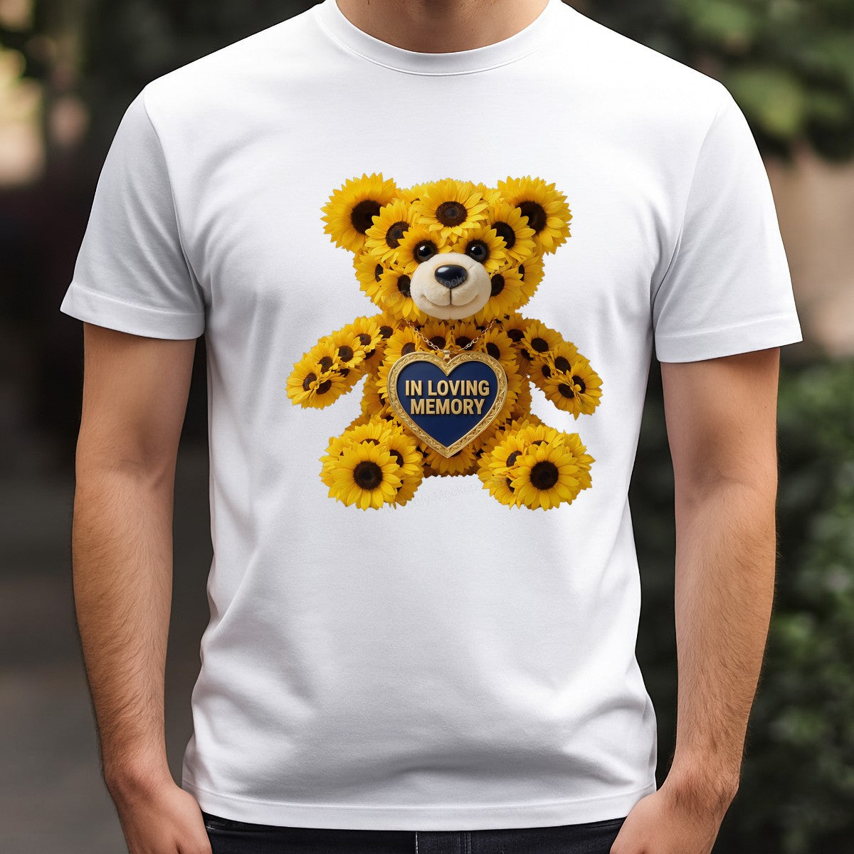 DTF Transfer In Loving Memory Sunflower Teddy Bear Heart Pendant Graphic for T Shirts Hoodies and Memorial Apparel - 3
