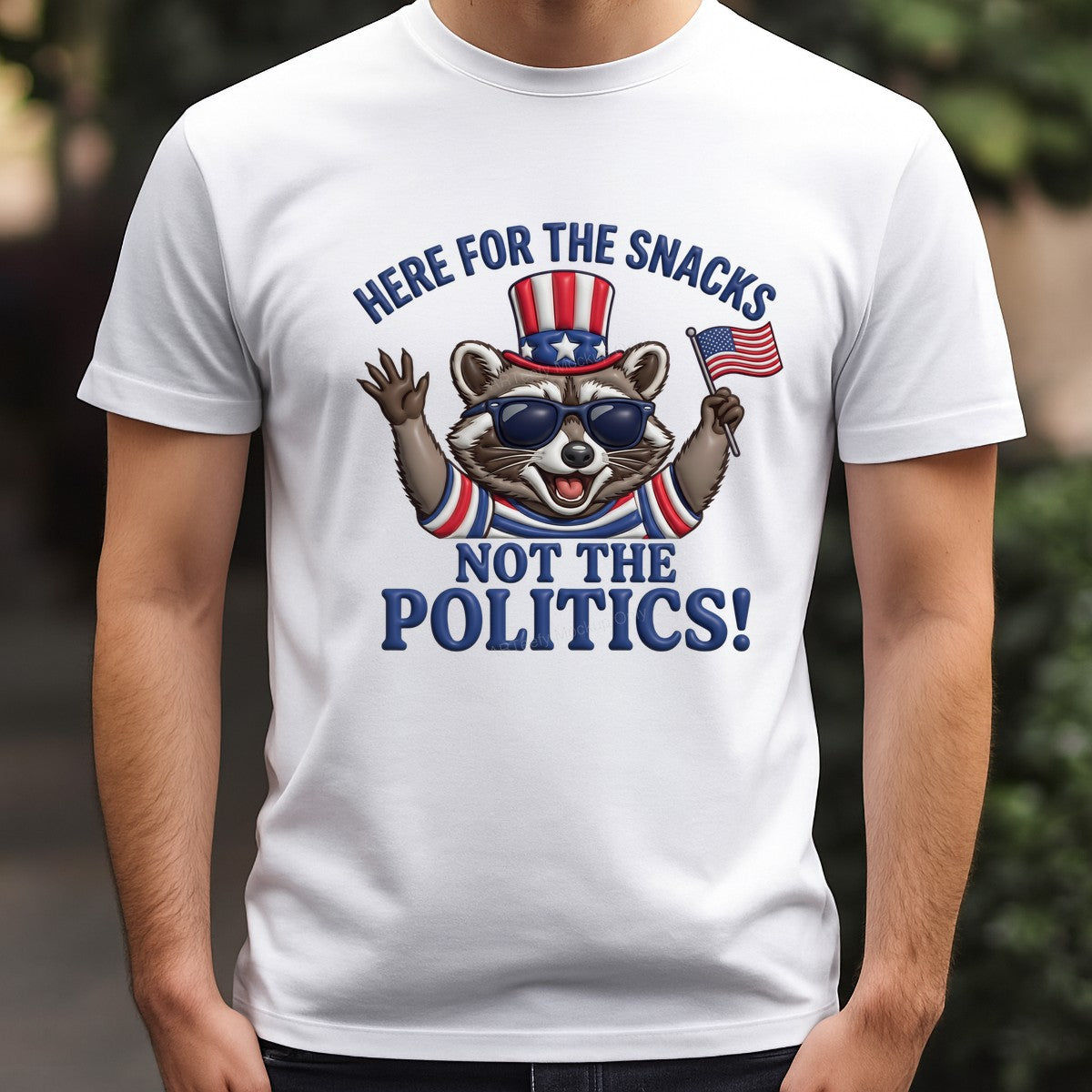 Funny Graphic Transfer Here for the Snacks Not the Politics Patriotic Raccoon Design for T Shirts Hoodies and Holiday Shirts - 3
