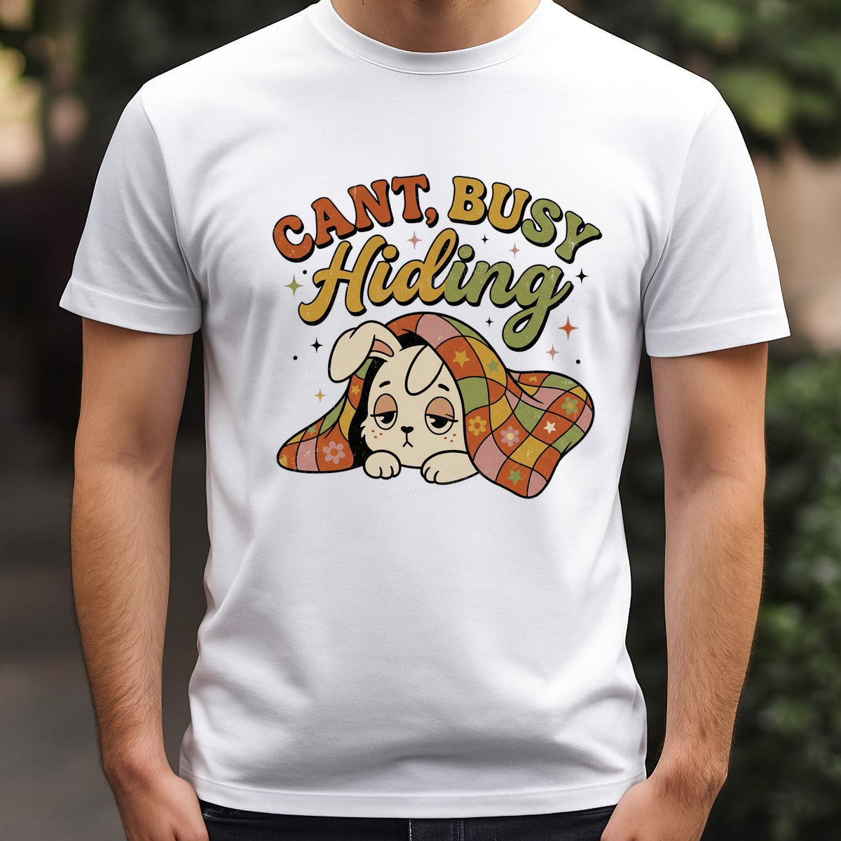 Funny Graphic Transfer Cant Busy Hiding Bunny Under Quilt Retro Pastel Design for T Shirts Hoodies and Lounge Wear - 3
