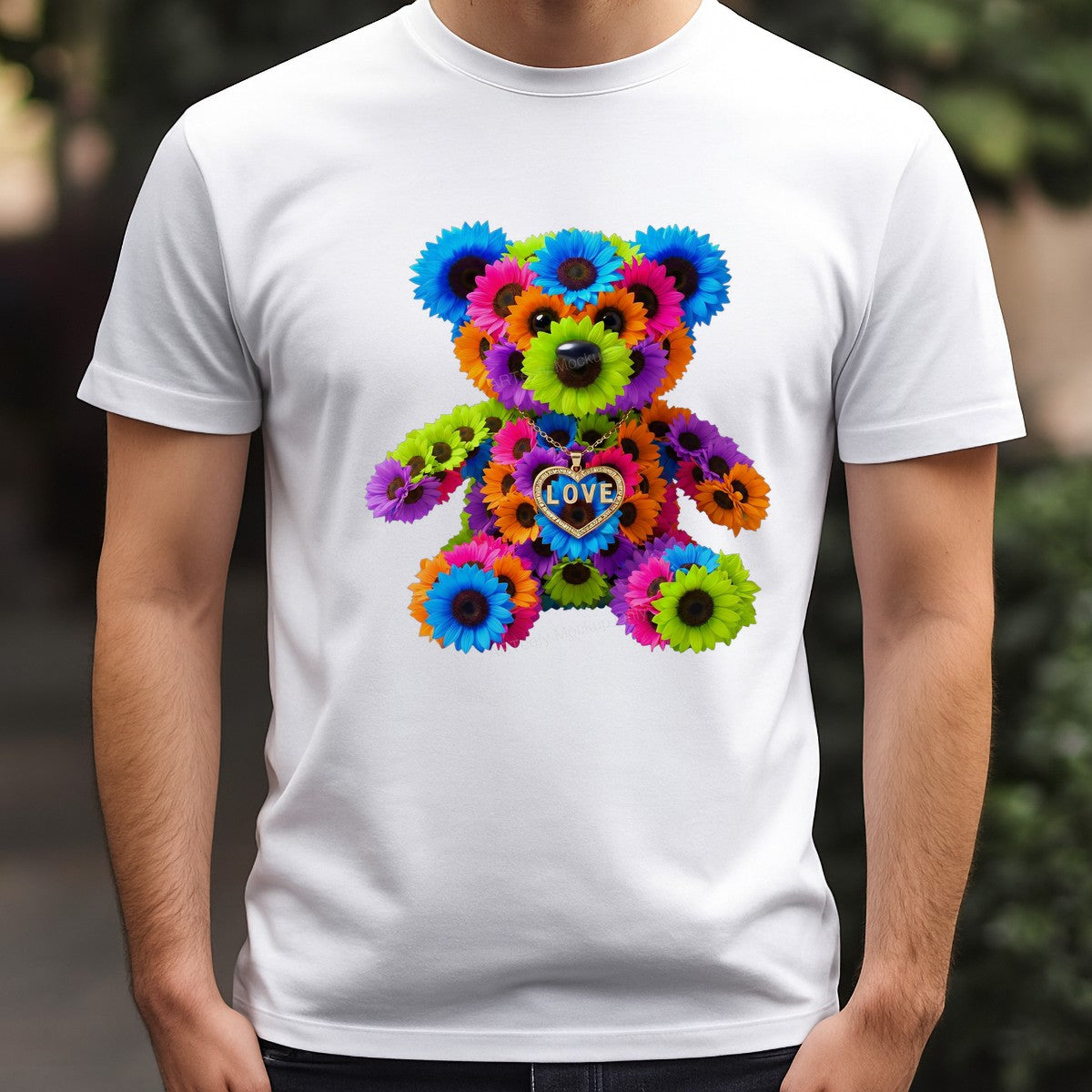 DTF Transfer Floral Teddy Bear LOVE Heart Necklace Graphic for T Shirts Hoodies and Gifts - 3