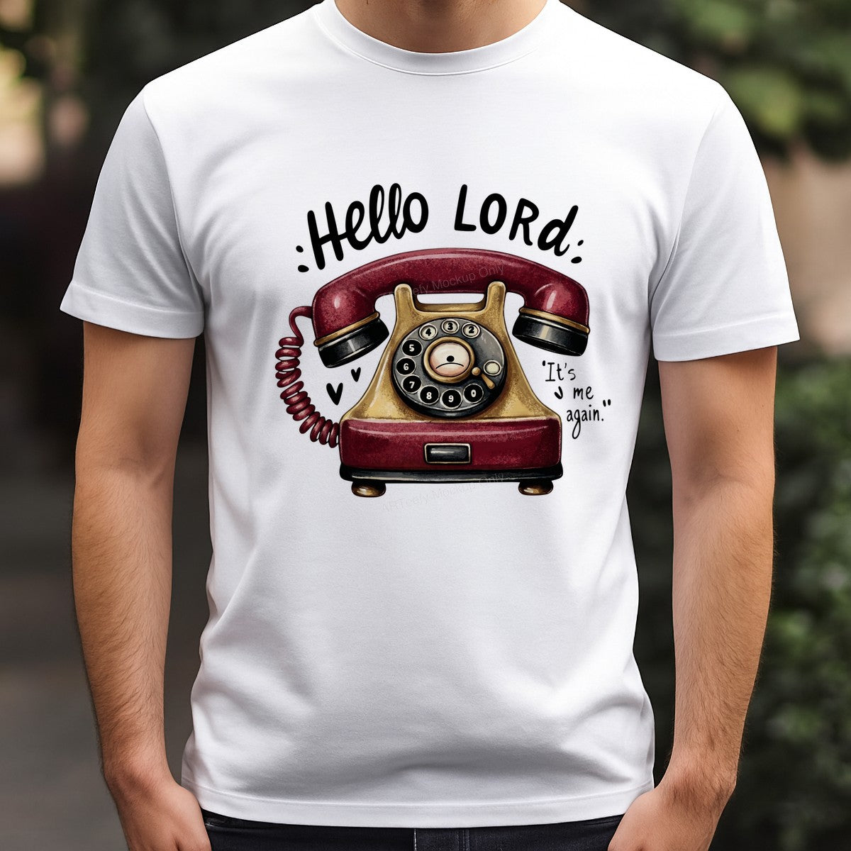 Christian Heat Transfer Hello Lord It’s Me Again Retro Rotary Phone Graphic for T Shirts Hoodies and Tote Bags - 3