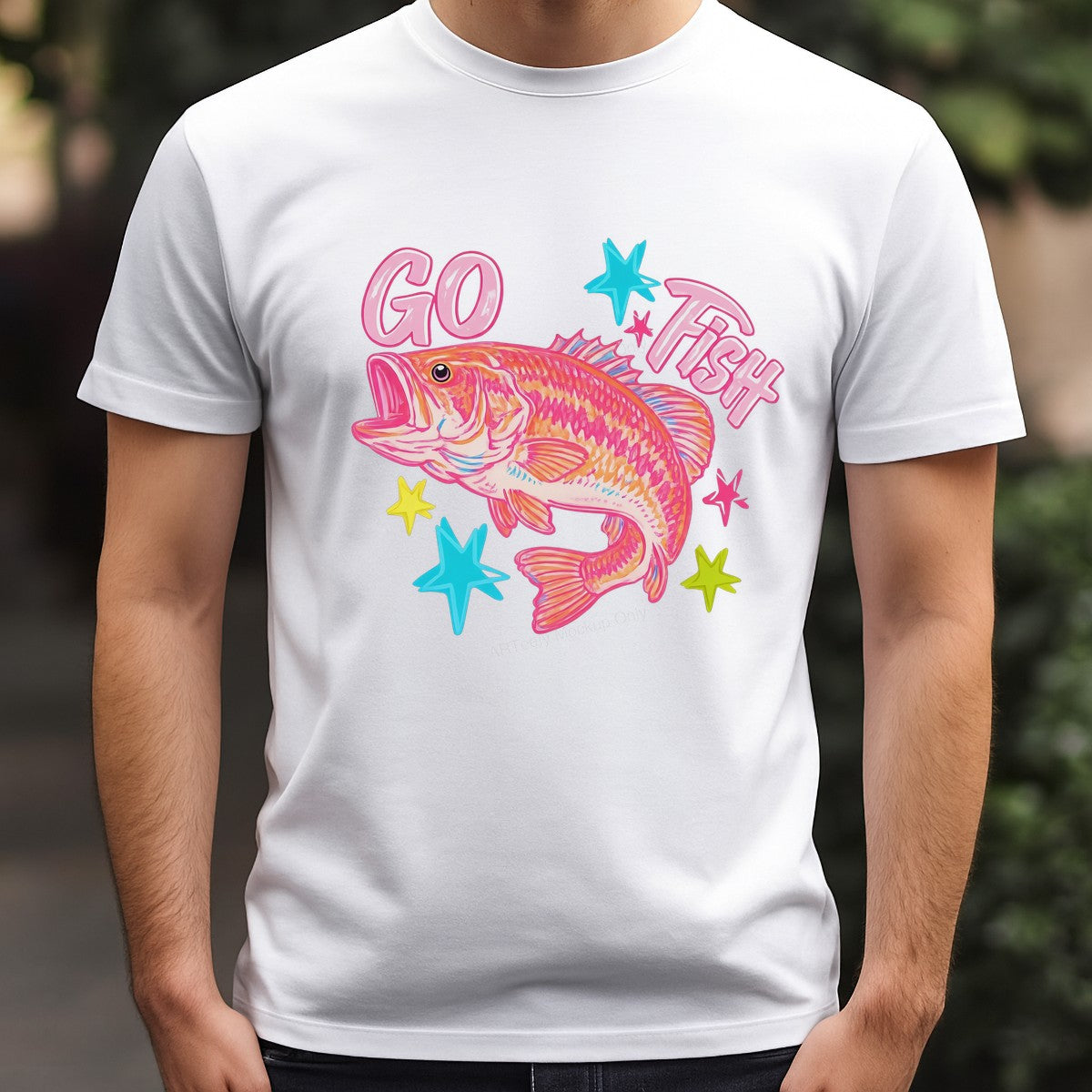 DTF Transfer Go Fish Pink Bass with Colorful Stars Graphic for T Shirts Hoodies and Fishing Apparel - 3