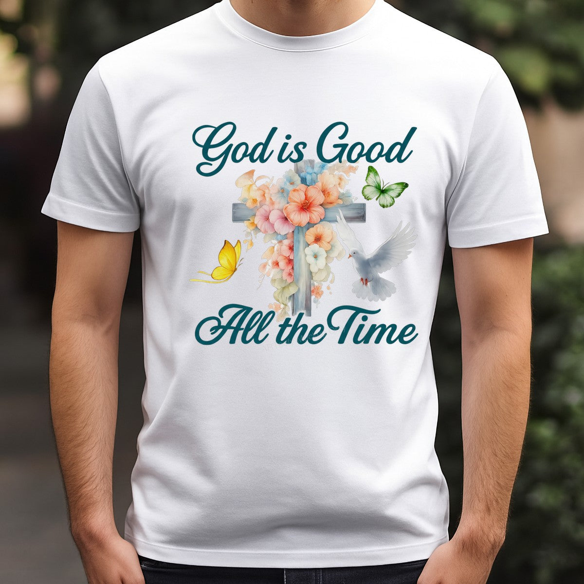 Christian Heat Transfer God Is Good All the Time Floral Cross Dove Graphic for T Shirts Hoodies and Tote Bags - 3