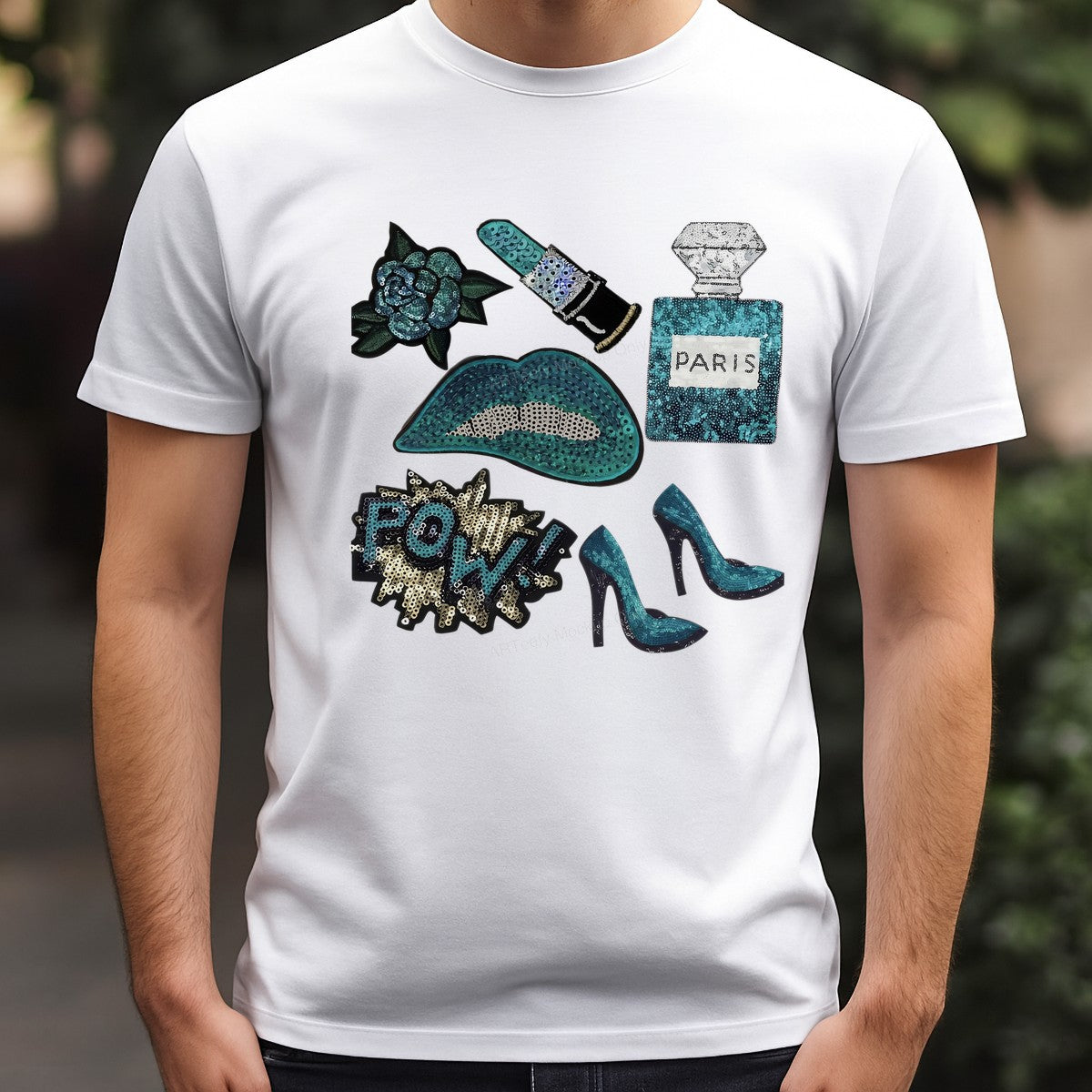 Heat Transfer Patch Teal Sequin Lips Perfume Heels Comic Pow Graphic for T Shirts Hoodies and Tote Bags - 3