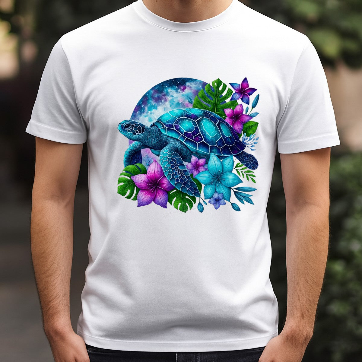 DTF Heat Transfer Galaxy Sea Turtle with Tropical Flowers Neon Art Graphic for T Shirts Hoodies and Tote Bags - 3