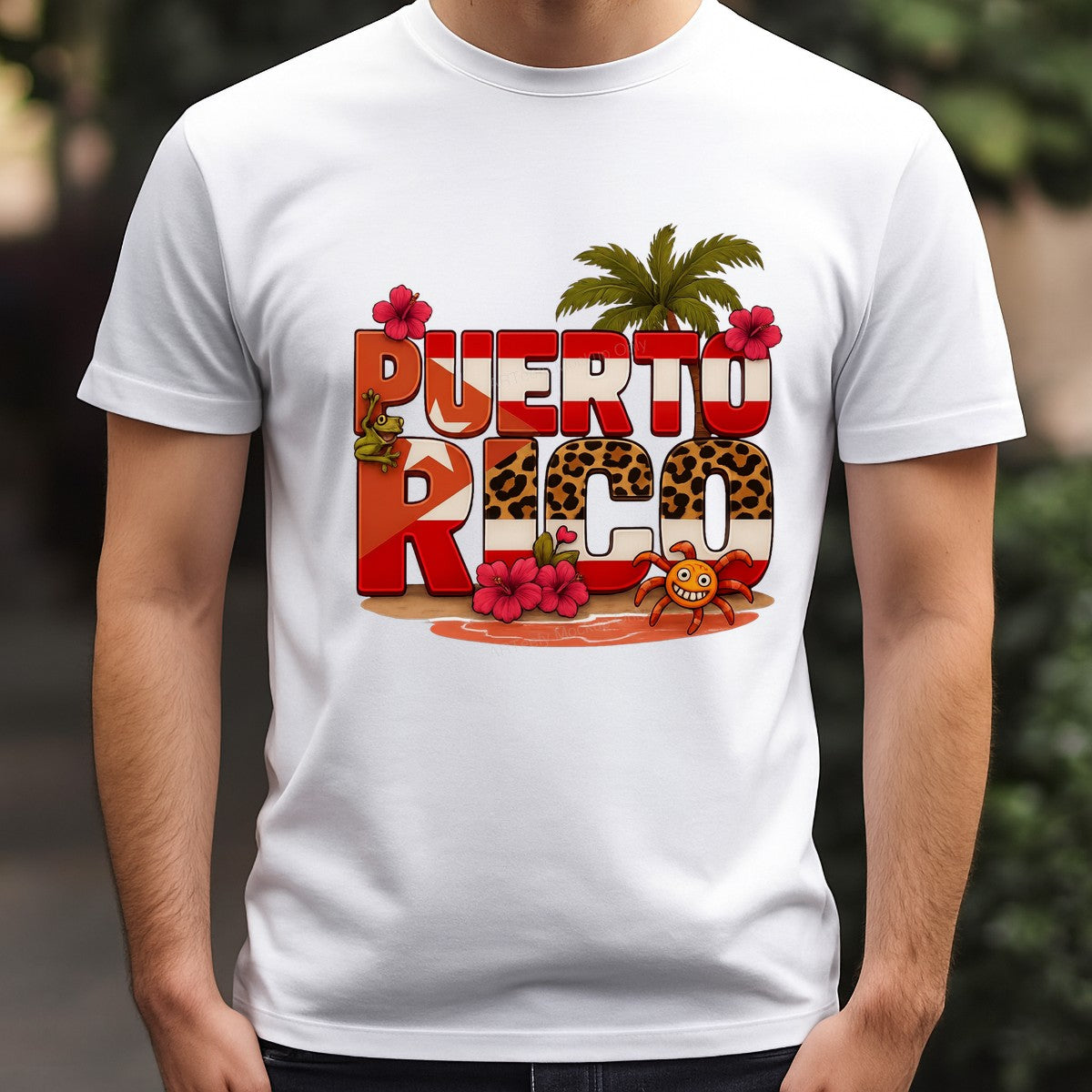 DTF Heat Transfer Puerto Rico Flag Text with Leopard Print Palm Tree and Hibiscus Graphic for T Shirts Hoodies and Travel Apparel - 3