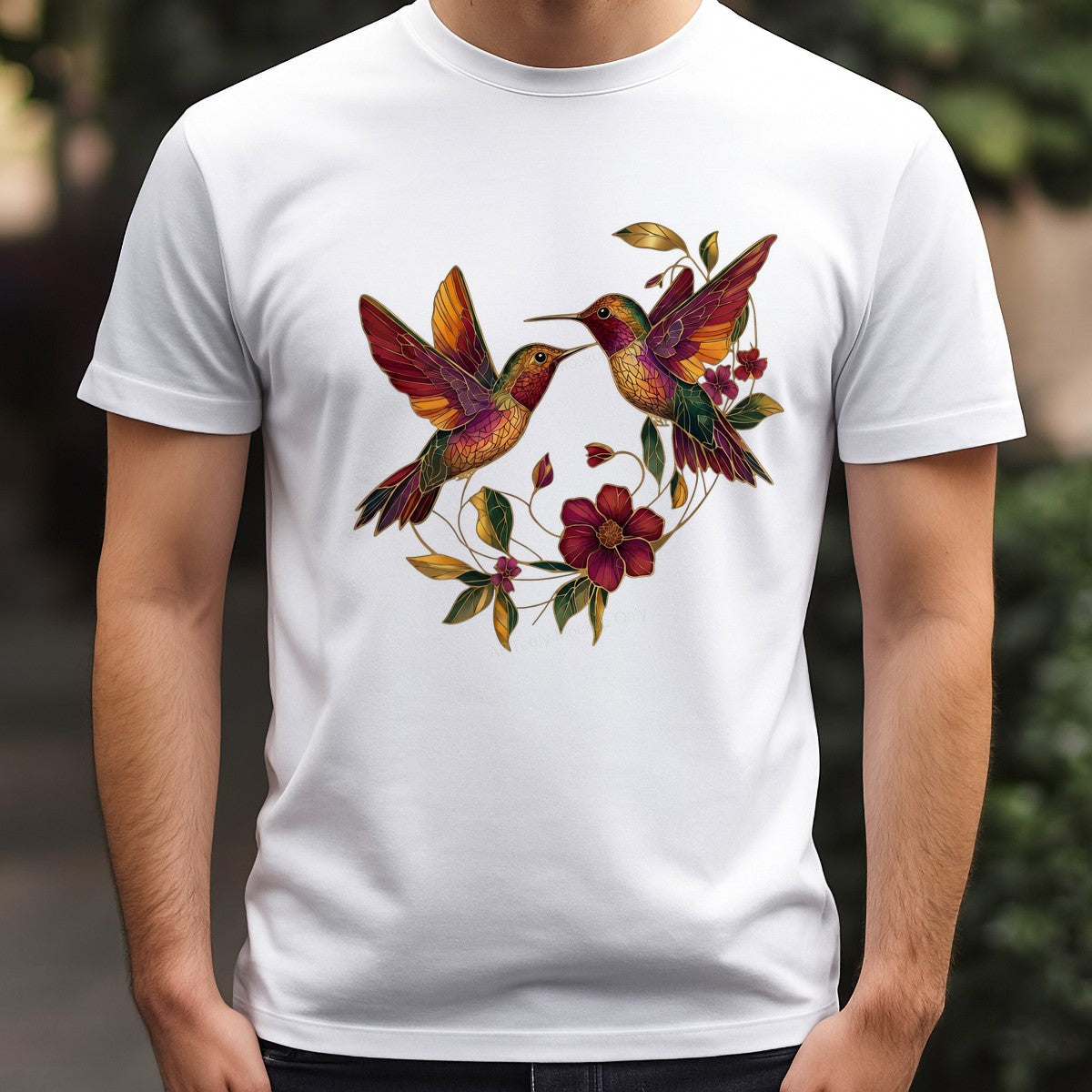 DTF Heat Transfer Two Hummingbirds with Floral Stained Glass Style Graphic for T Shirts Hoodies and Tote Bags - 3