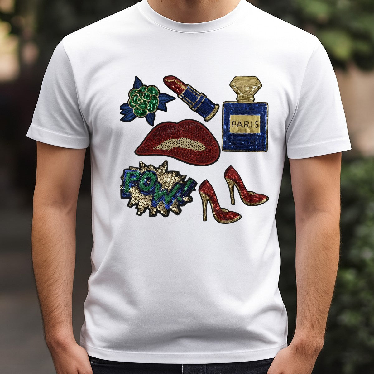 Heat Transfer Patch Set Sequin Lips Lipstick Perfume Heels Comic Pow Graphic for T Shirts Jackets and Tote Bags - 3
