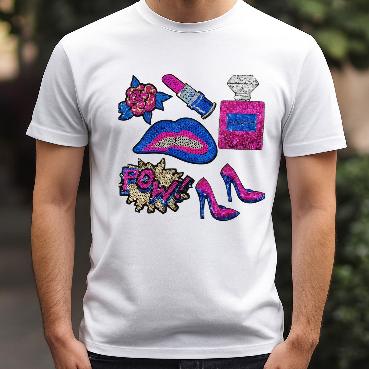 Iron On Transfer Sequin Lips Lipstick Perfume and Heels Pop Art Graphic for T Shirts Hoodies and Tote Bags - 3