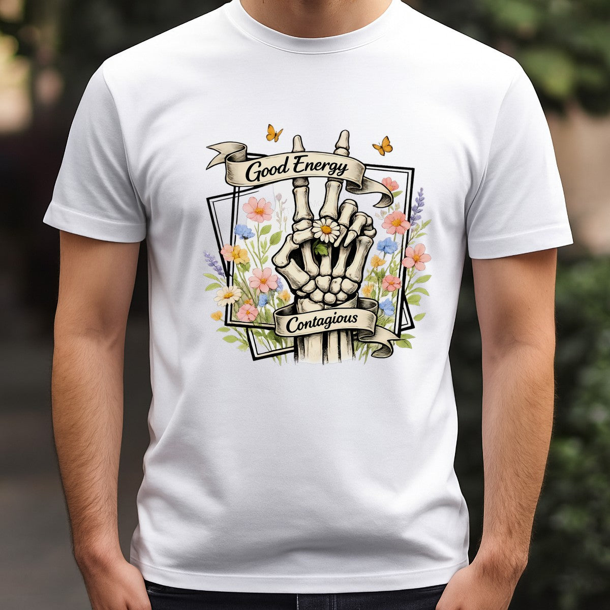 DTF Heat Transfer Good Energy Contagious Skeleton Hand with Wildflowers Graphic for T Shirts Hoodies and Tote Bags - 3
