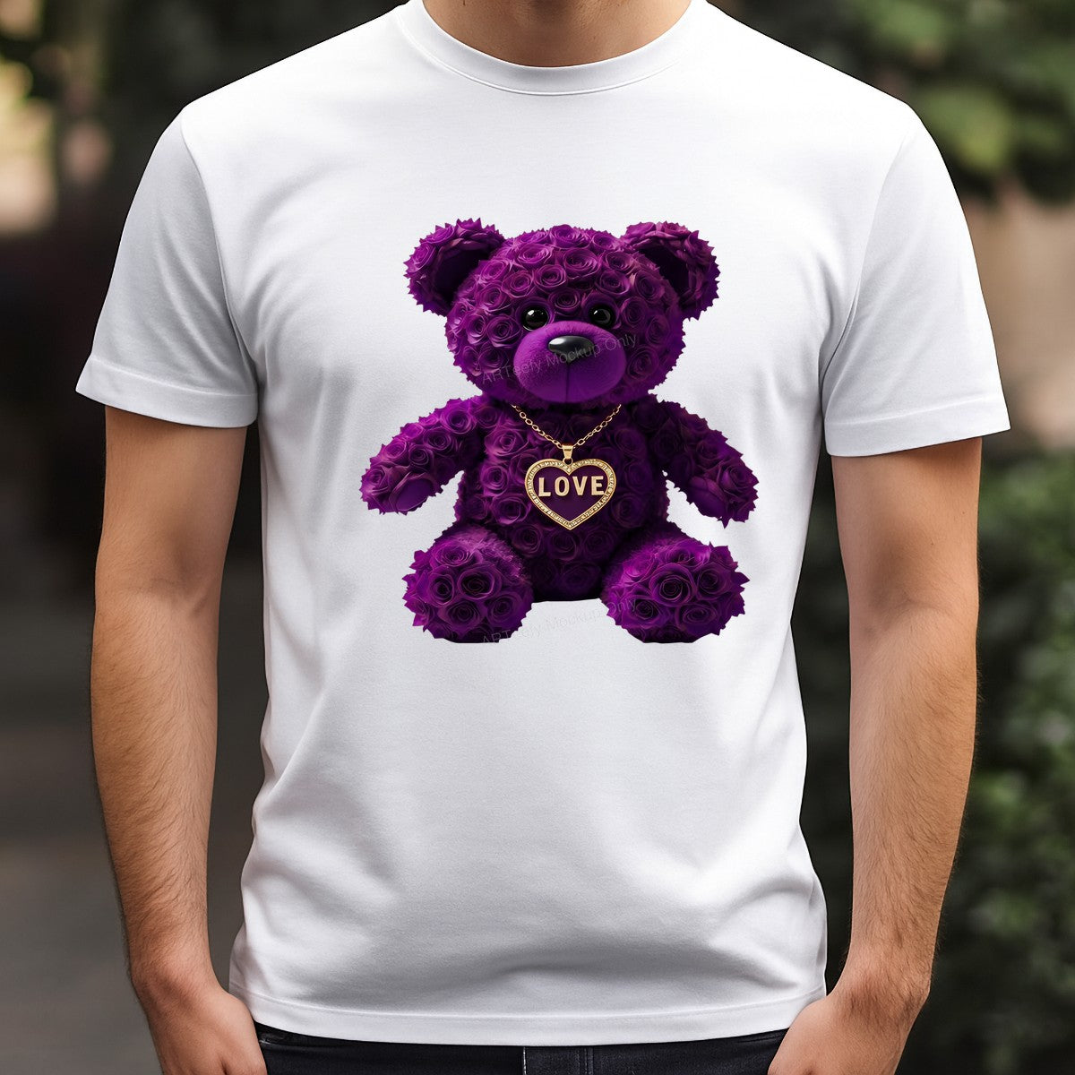 DTF Transfer Purple Rose Teddy Bear with Gold Love Heart Necklace Graphic for T Shirts Hoodies and Valentine Gifts - 3