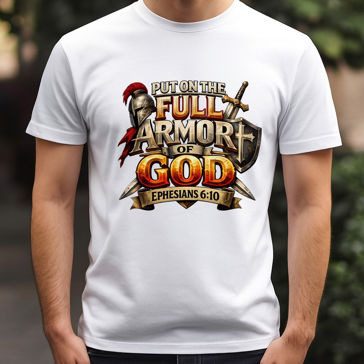 Christian Heat Transfer Full Armor of God Ephesians 6:10 Helmet and Shield Graphic for Christian Apparel and Gifts - 3