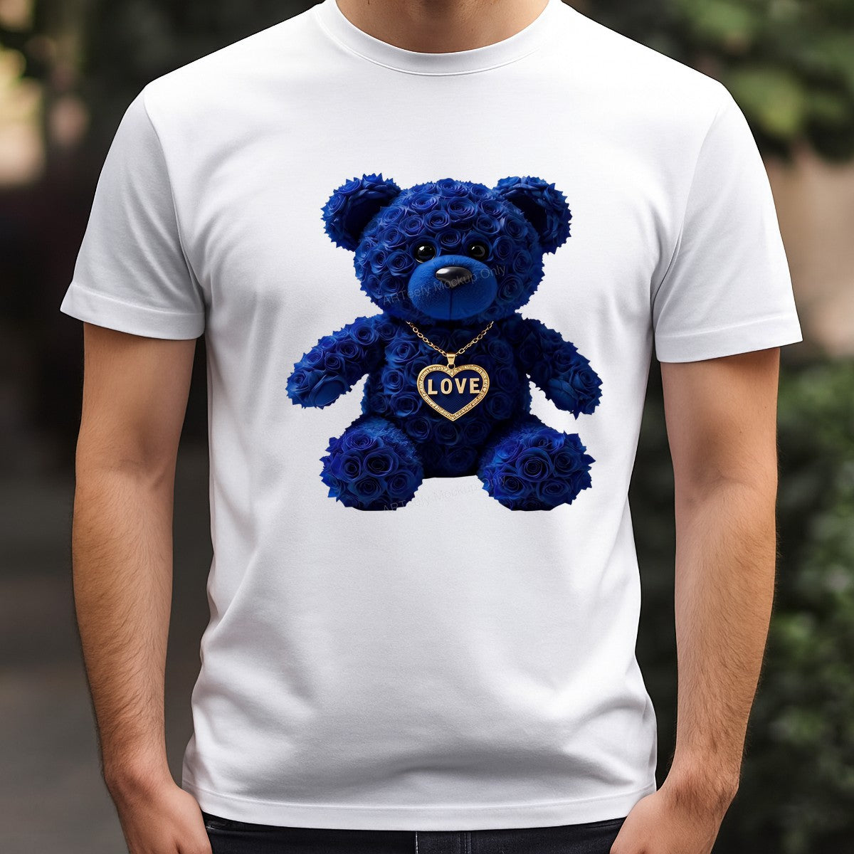 DTF Transfer Blue Rose Teddy Bear with Love Heart Necklace Graphic for T Shirts Hoodies and Valentine Gifts - 3