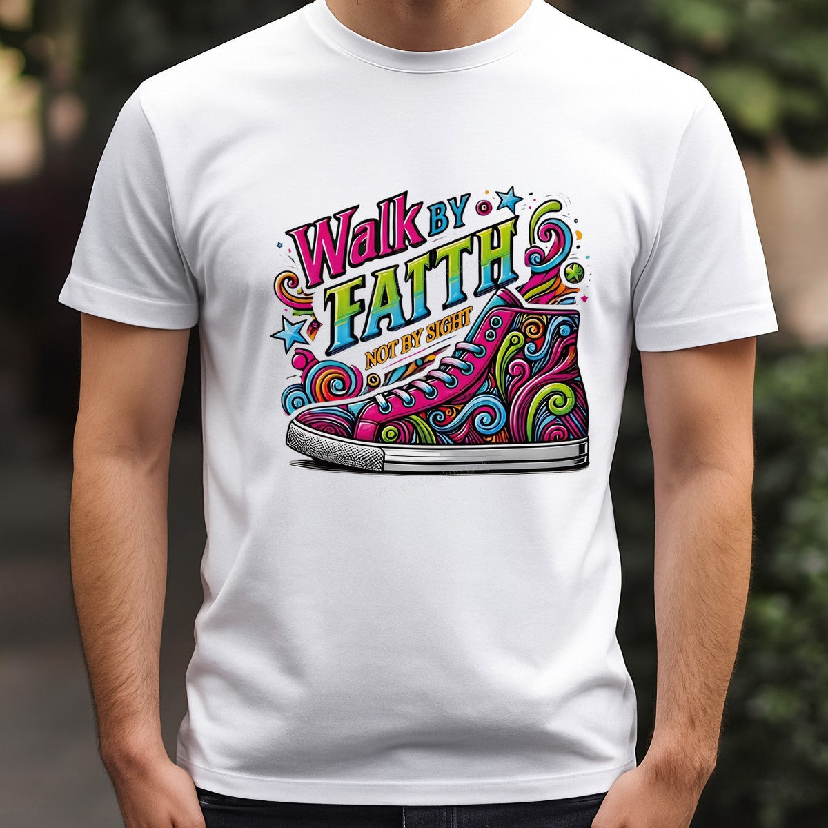 Christian Heat Transfer Walk By Faith Not By Sight Colorful Sneaker Graphic for T Shirts Hoodies and Tote Bags - 3