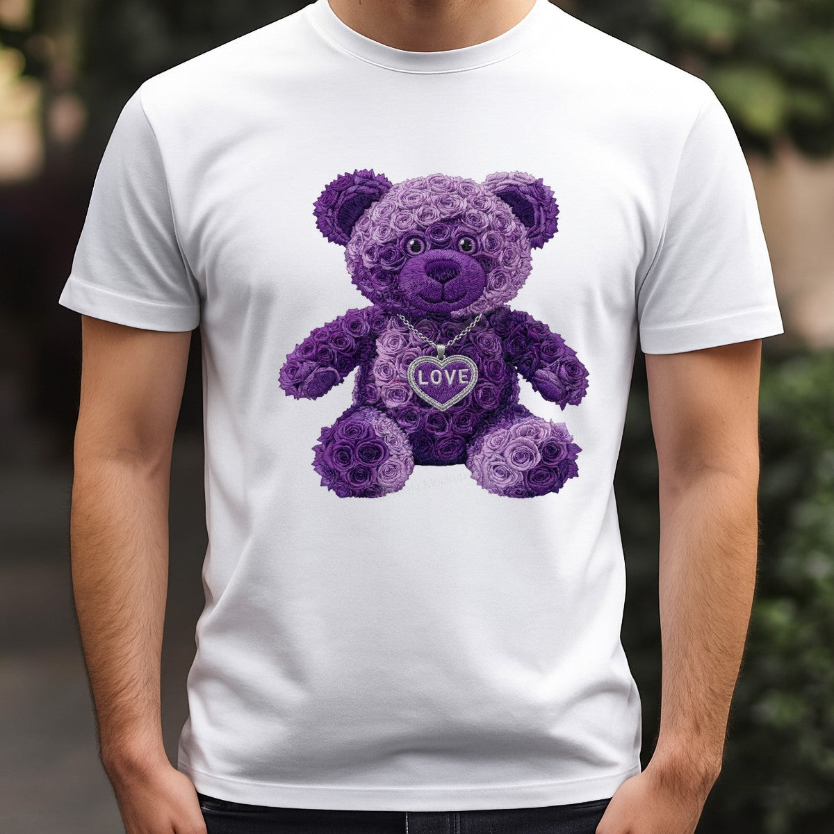 DTF Transfer Purple Rose Teddy Bear with Love Heart Pendant Graphic for T Shirts Hoodies and Valentine Gifts - 3