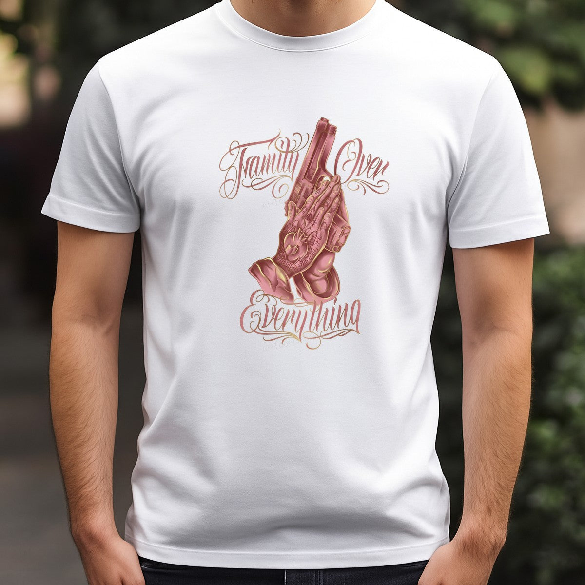 DTF Heat Transfer Family Over Everything Praying Hands with Gun Tattoo Art for T Shirts Hoodies and Streetwear Apparel - 3