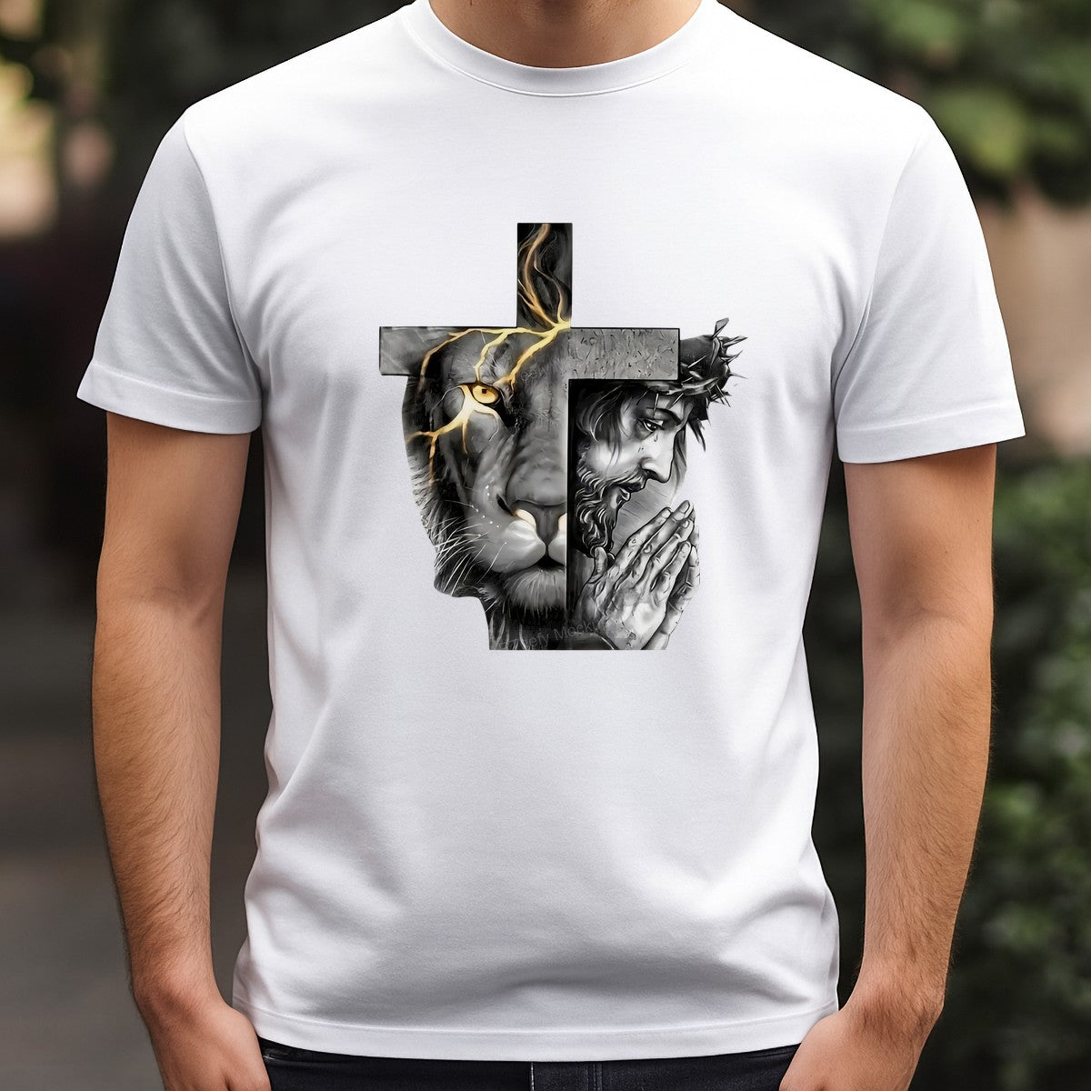 Christian Heat Transfer Lion and Cross with Praying Hands Graphic for T Shirts Hoodies and Christian Apparel - 3