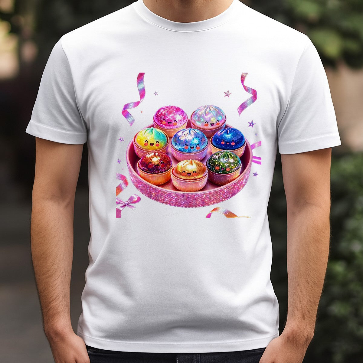 DTF Transfer Kawaii Rainbow Dumpling Characters Glitter Tray Graphic for T Shirts Hoodies and Tote Bags - 3
