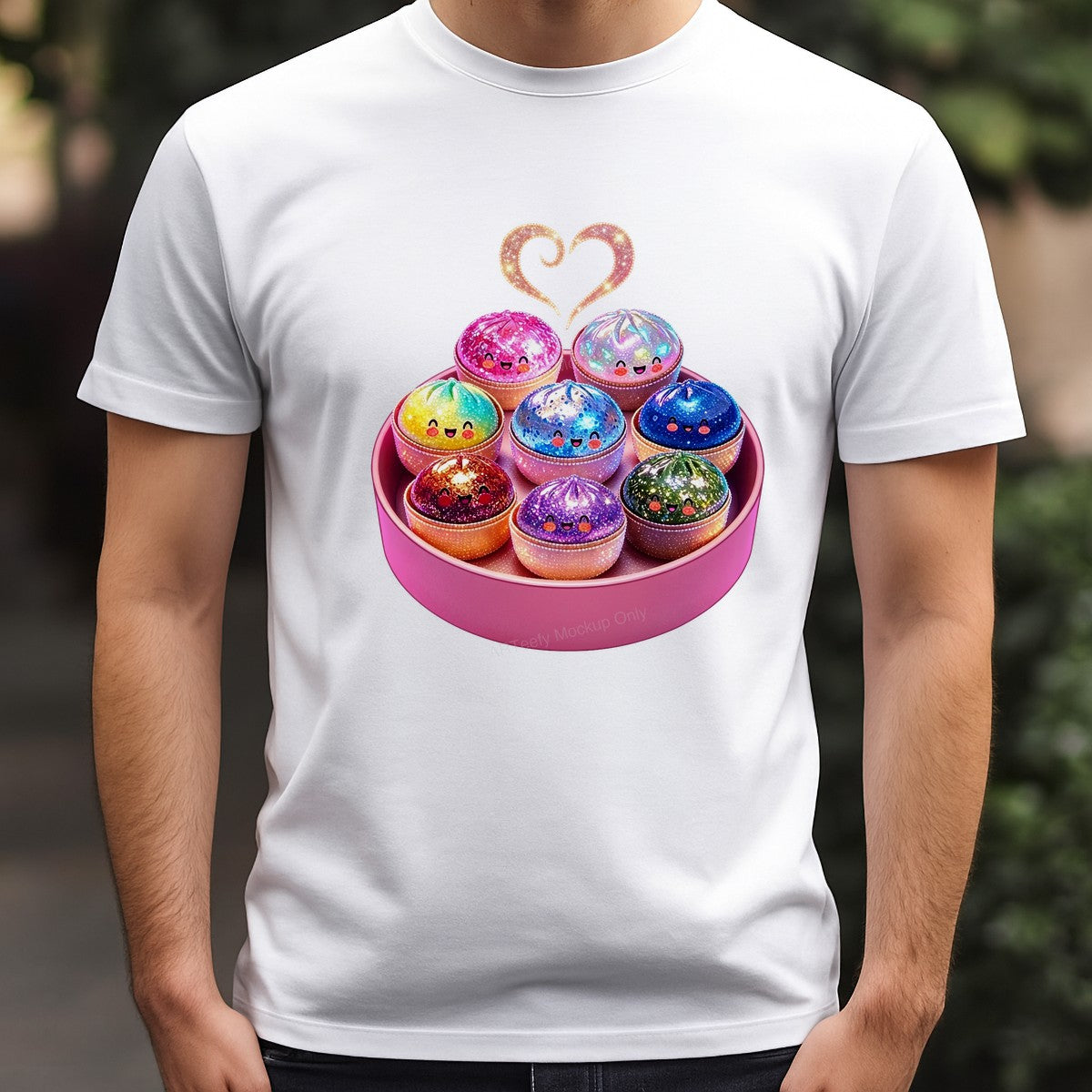 DTF Heat Transfer Kawaii Rainbow Dumpling Characters Sparkle Heart Design for T Shirts Hoodies and Tote Bags - 3