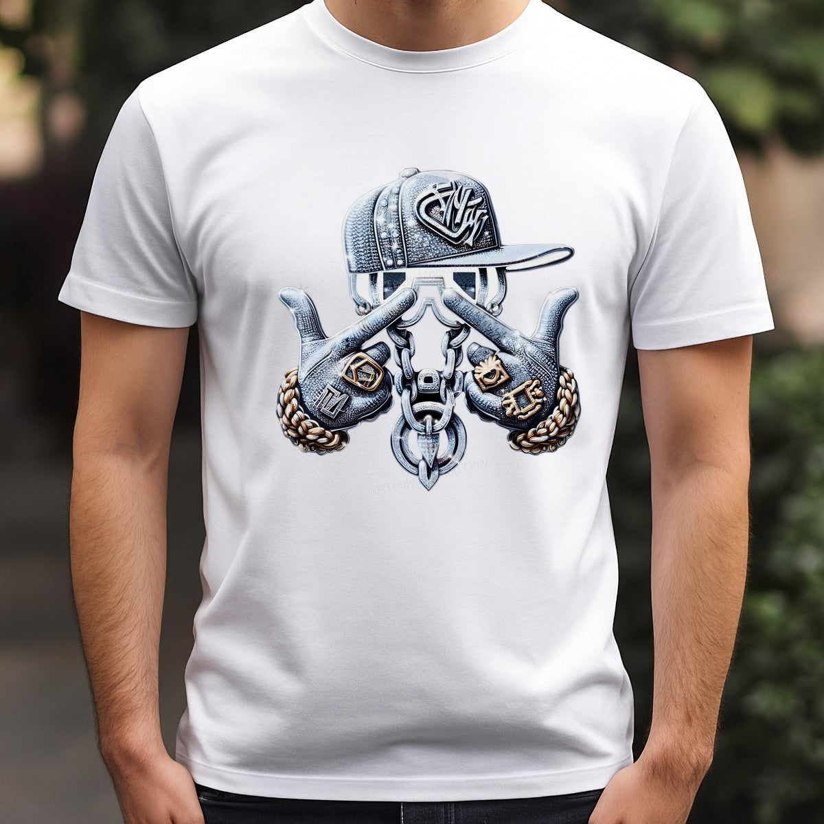 DTF Transfer Bling Skeleton Hands with Chains and Rings Hip Hop Graphic for T Shirts Hoodies and Streetwear Apparel - 3