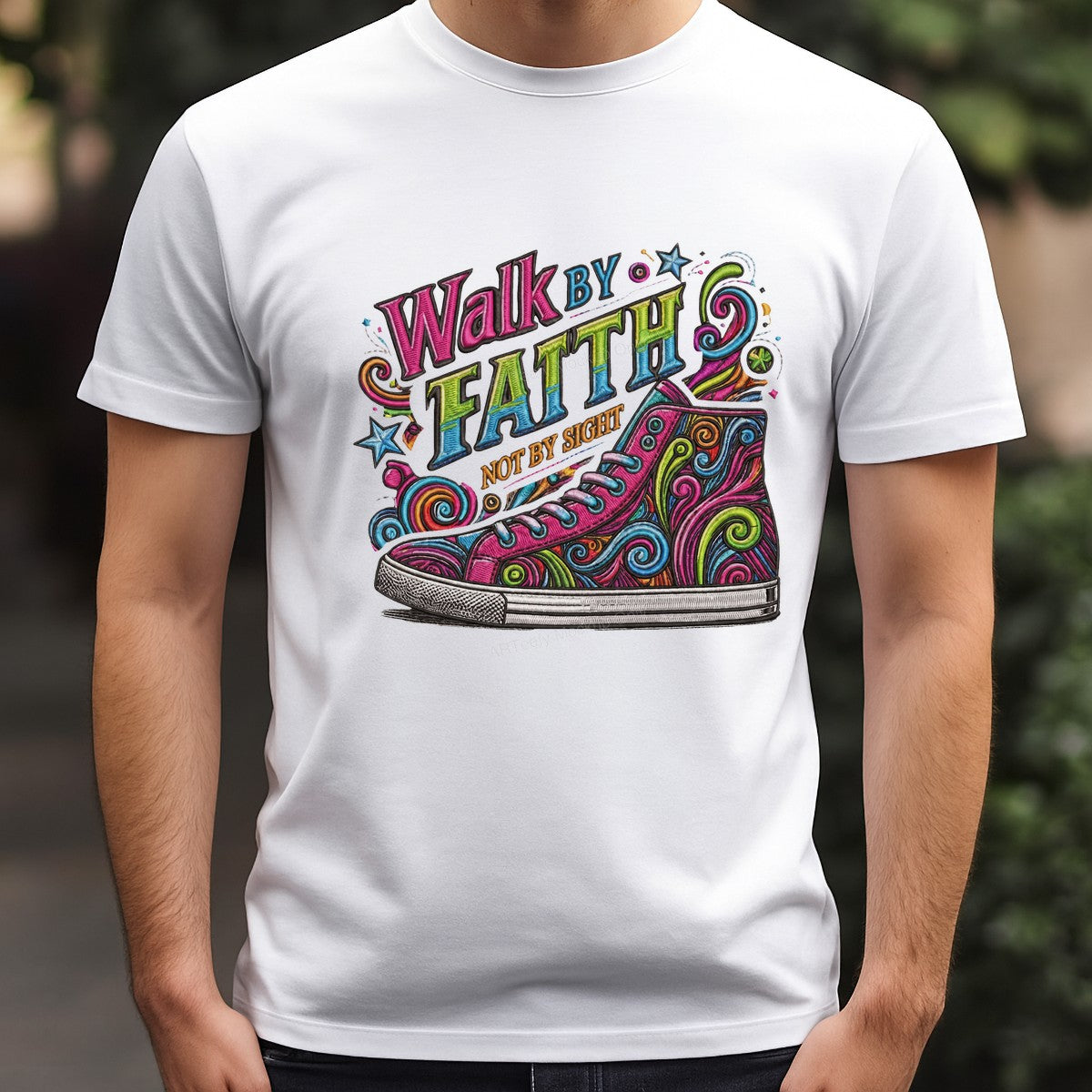 Christian Heat Transfer Walk By Faith Not By Sight Colorful Sneaker Graphic for T Shirts Hoodies and Tote Bags - 3