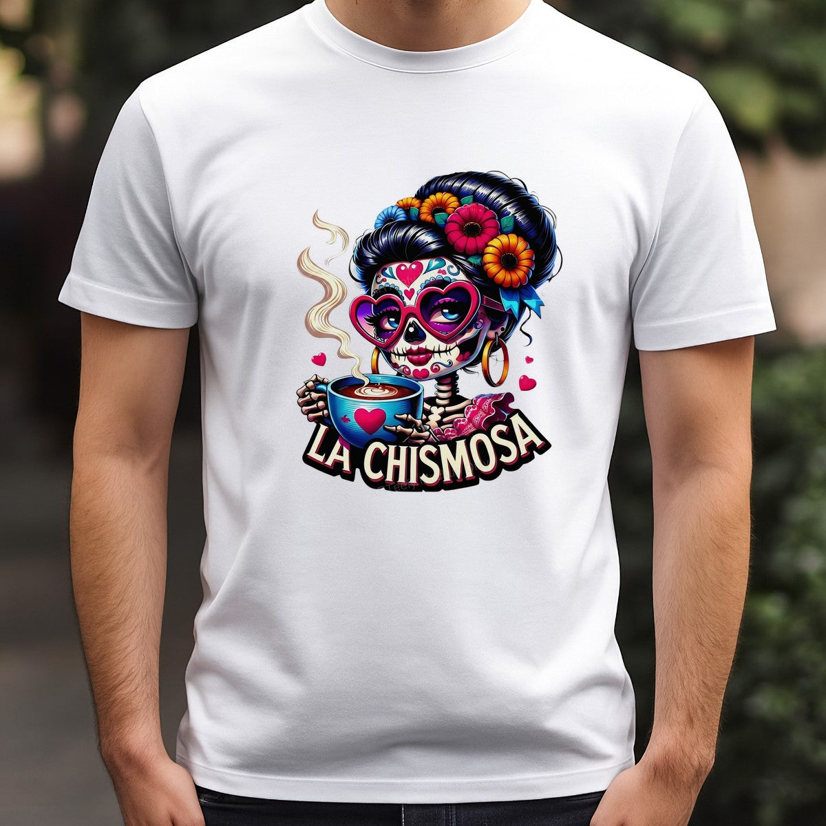 DTF Heat Transfer La Chismosa Skeleton Latina with Coffee Colorful Floral Graphic for T Shirts Hoodies and Tote Bags - 3