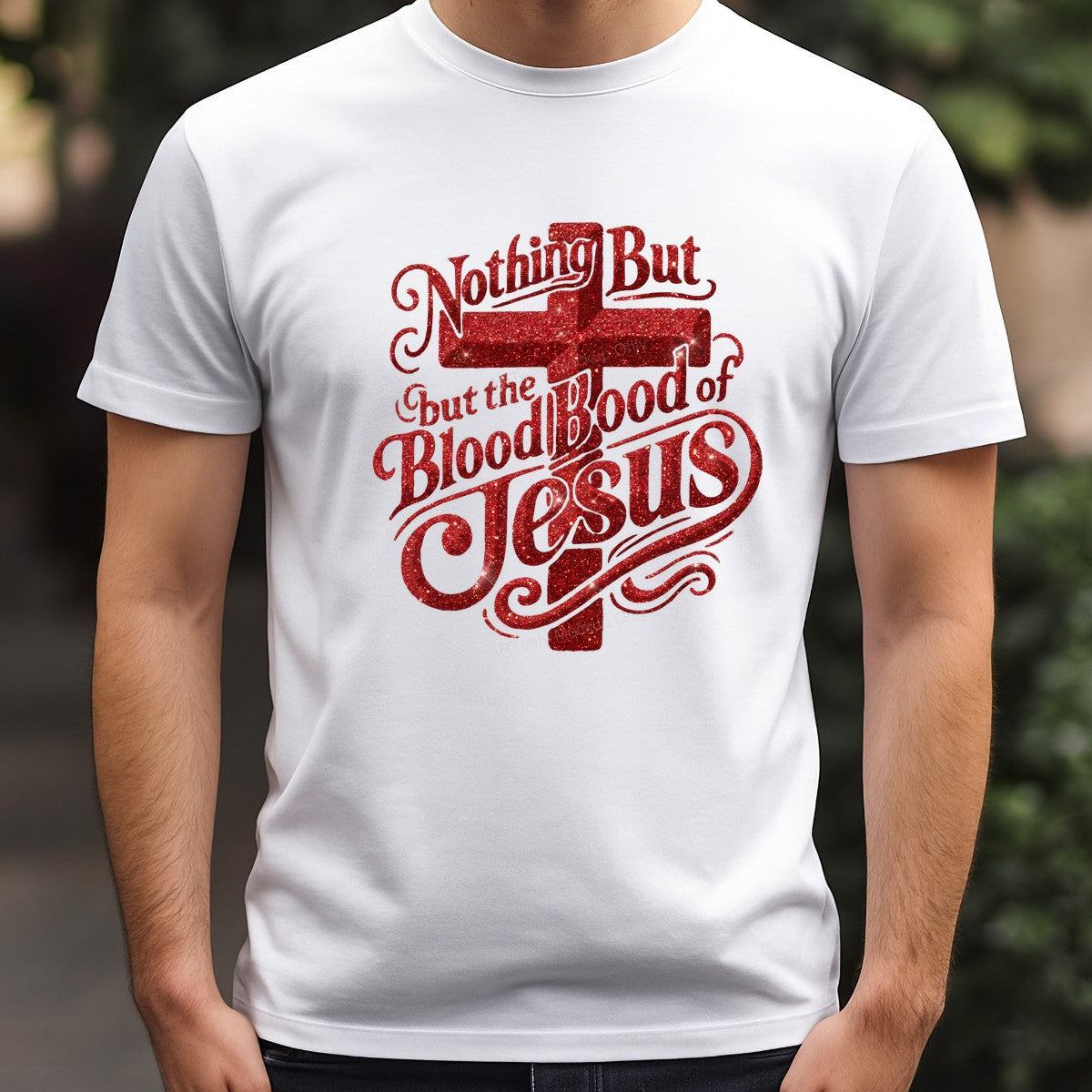 Christian Heat Transfer Nothing But the Blood of Jesus Red Glitter Cross Graphic for T Shirts Hoodies and Christian Apparel - 3