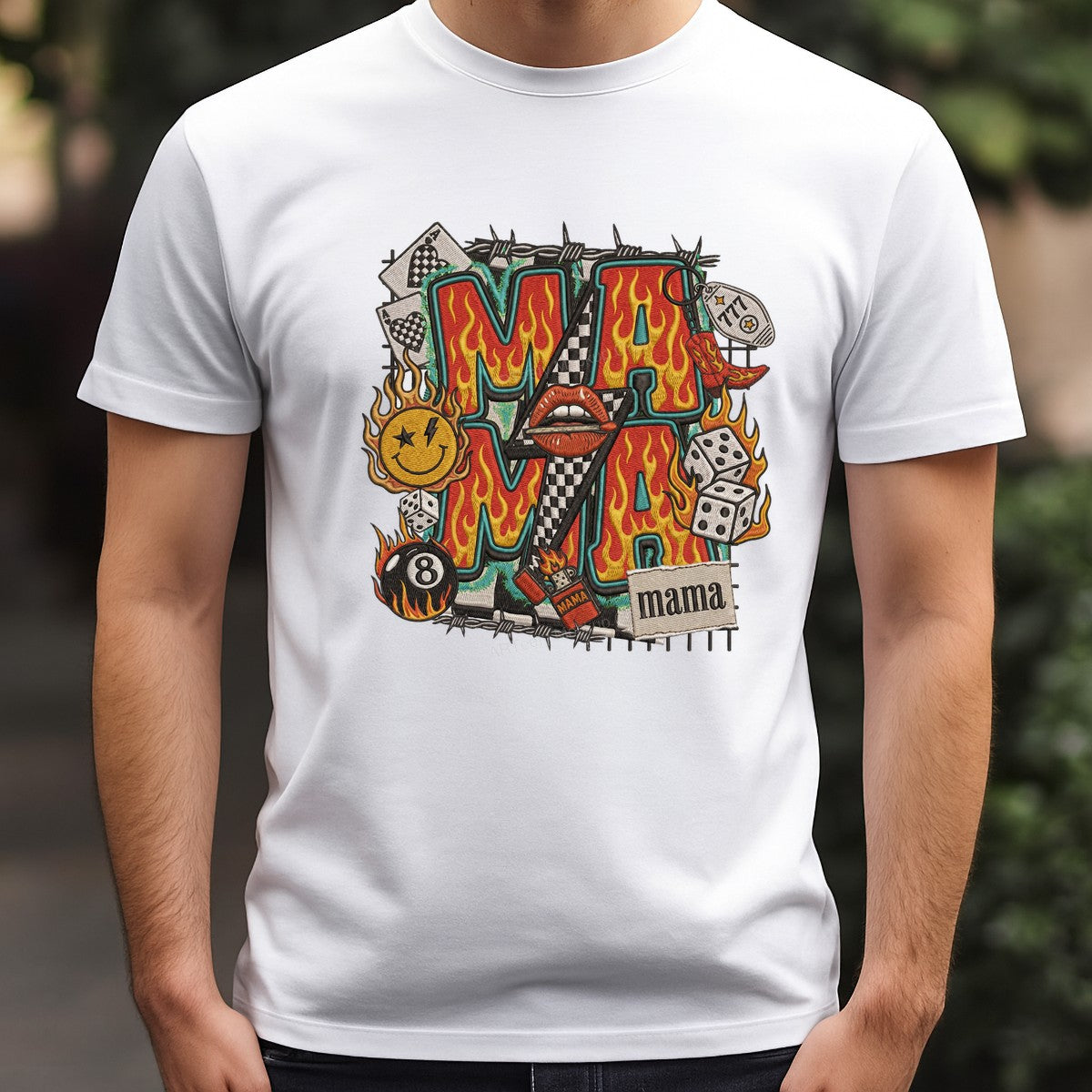 DTF Transfer Rock n Roll Mama Flaming Letters and Checkerboard Lips Graphic for T Shirts Hoodies and Tote Bags - 3