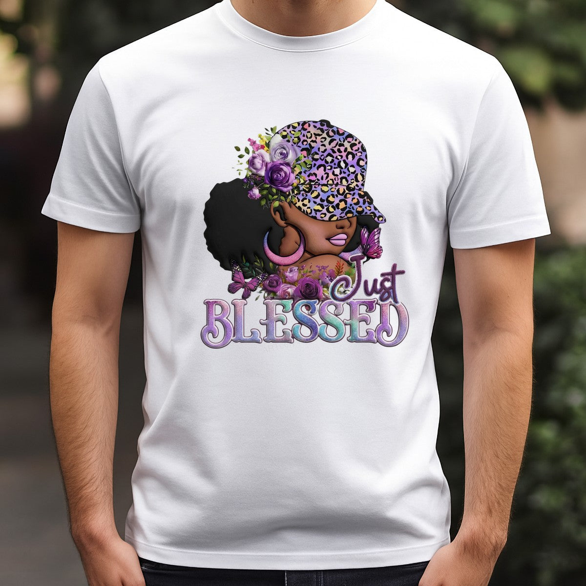 DTF Heat Transfer Just Blessed Afro Woman with Floral Leopard Hat and Butterflies Graphic for T Shirts Hoodies and Tote Bags - 3