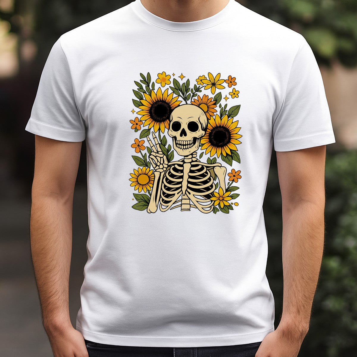 DTF Heat Transfer Peace Sign Skeleton with Sunflowers Retro Floral Graphic for T Shirts Hoodies and Tote Bags - 3