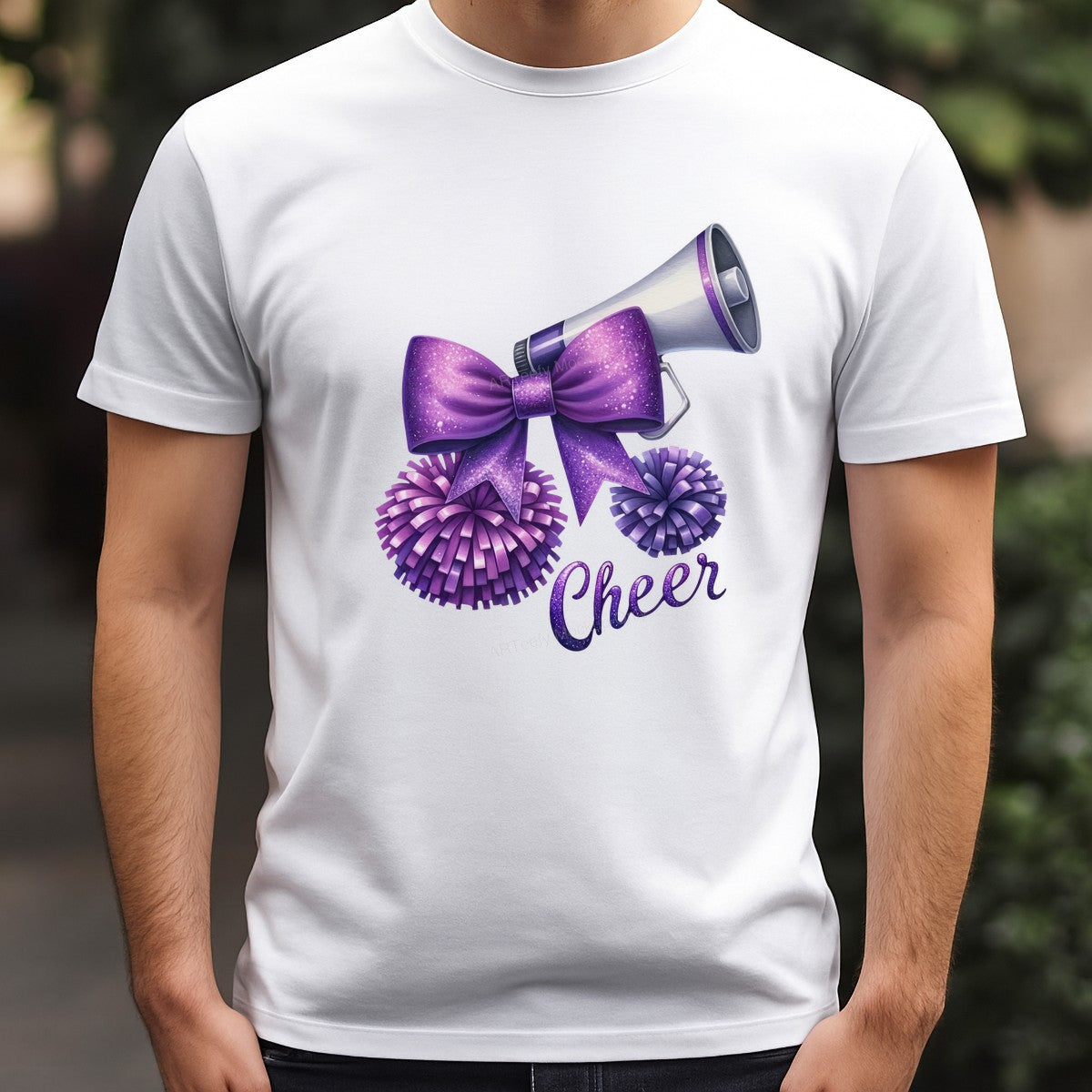 DTF Heat Transfer Cheer Megaphone with Purple Glitter Bow and Pom Poms Graphic for T Shirts Hoodies and Cheerleading Apparel - 3