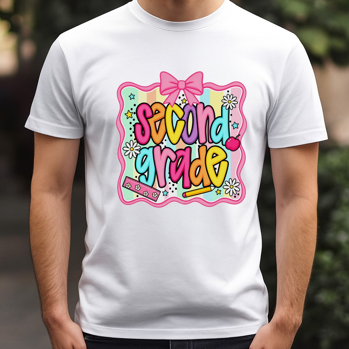 DTF Heat Transfer Second Grade Pastel Rainbow Bow and School Icons Graphic for T Shirts Hoodies and Back to School Gifts - 3