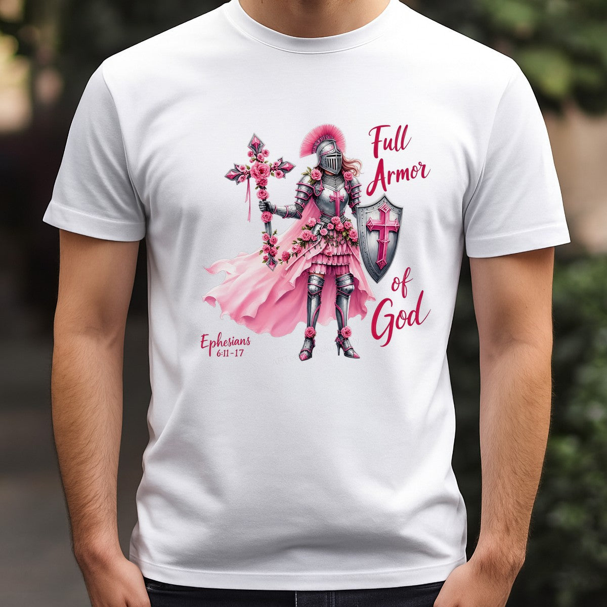 Christian Heat Transfer Full Armor of God Pink Warrior with Cross and Roses Graphic for T Shirts Hoodies and Christian Apparel - 3